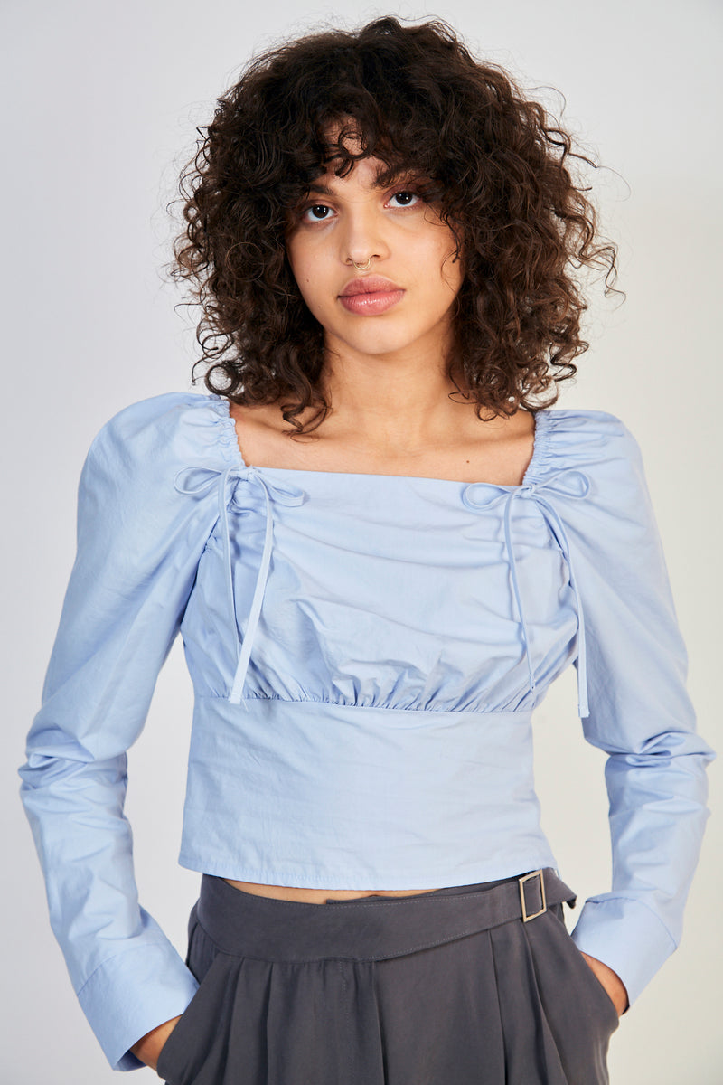 Blue Double Bow Front Sleeve Fitted Bodice Blouse Glassworks London Blue Double Bow Front Sleeve Fitted Bodice Blouse Glassworks London