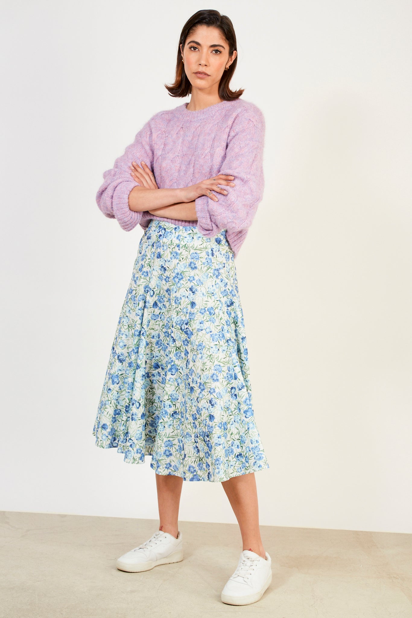 Blue floral print midi skirt_4
