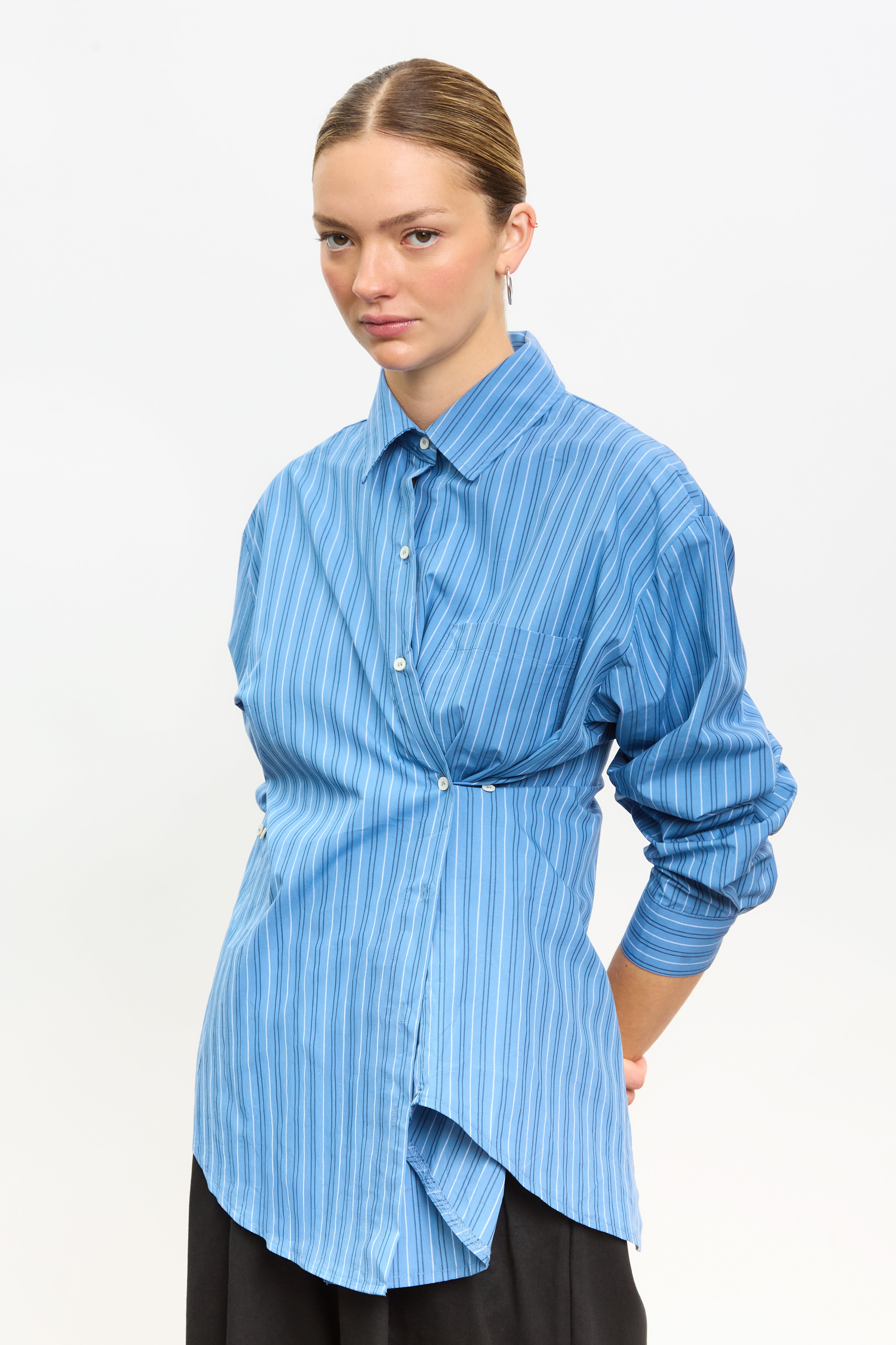 Blue multi striped asymmetric shirt_1