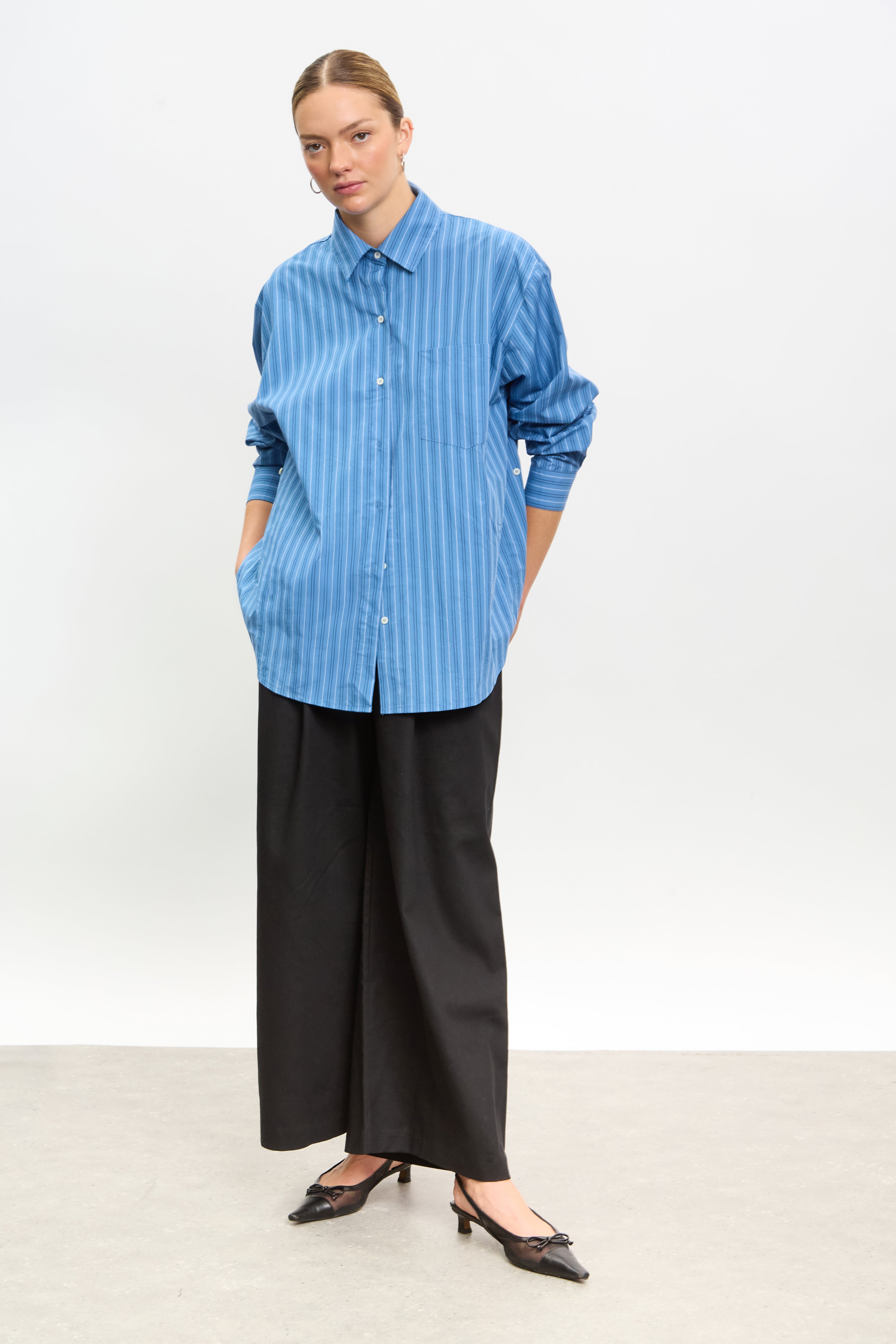 Blue multi striped asymmetric shirt_5