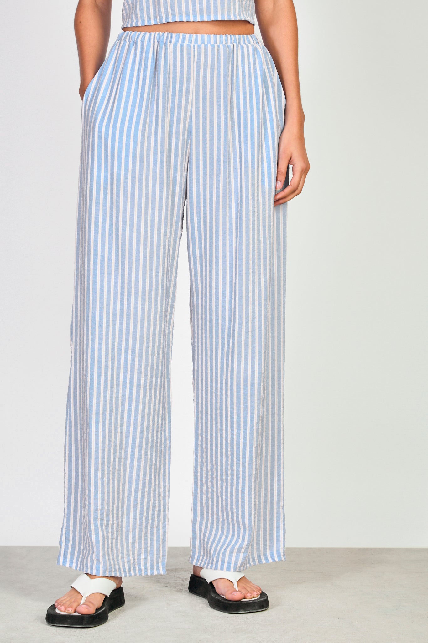 Blue pink and white vertical stripe trousers_1