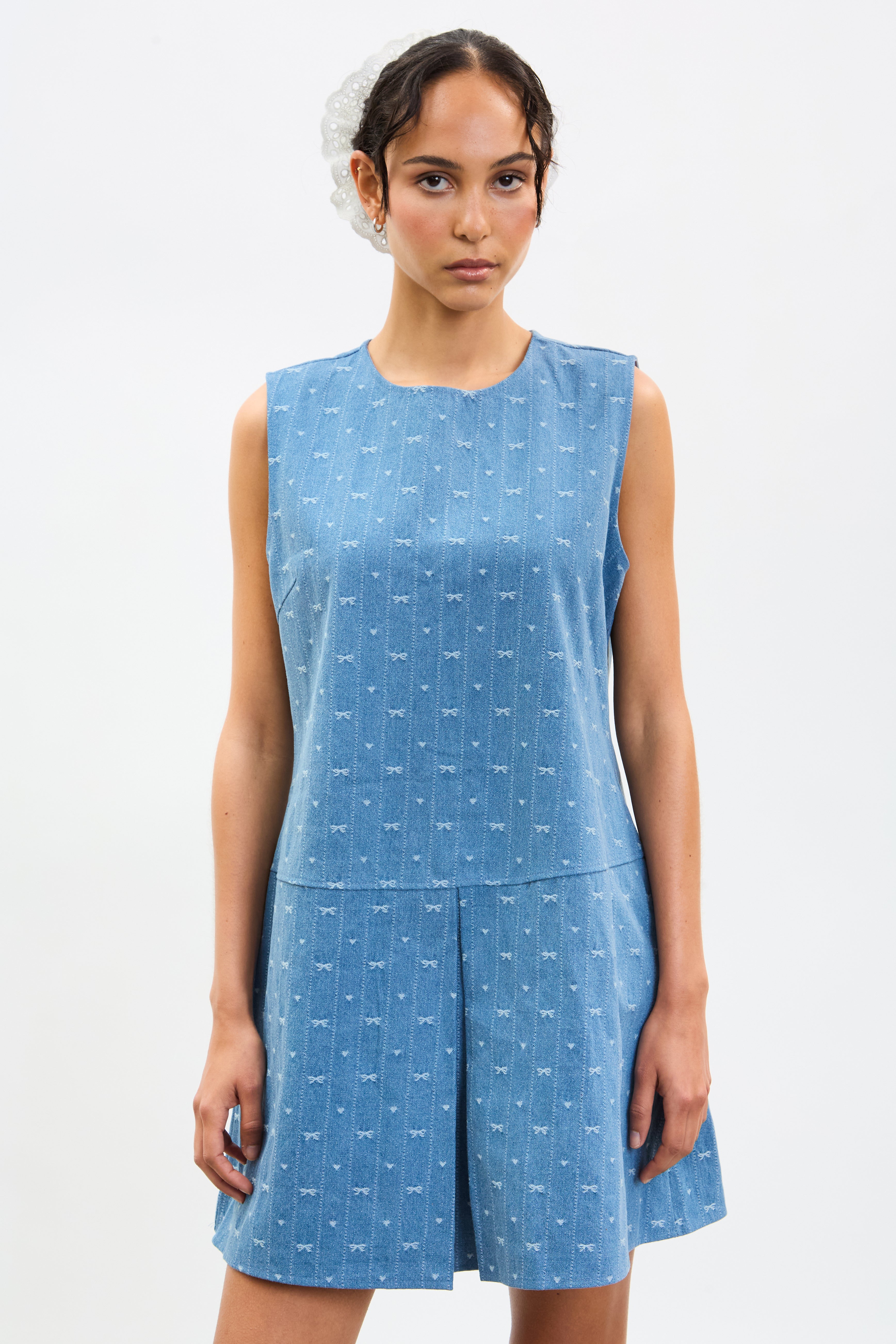 Blue ribbon printed denim mini dress_3