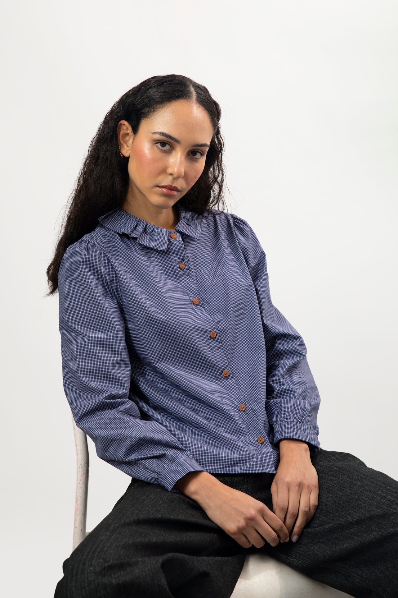 Blue small ruffle collar blouse_1