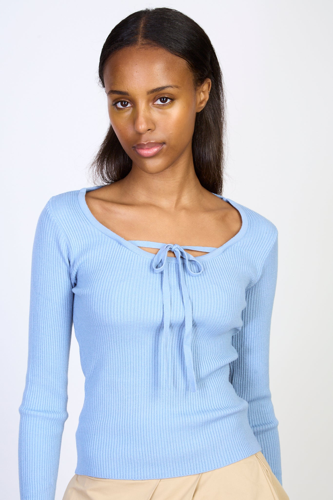 Blue tie neck ribbed knit top_1