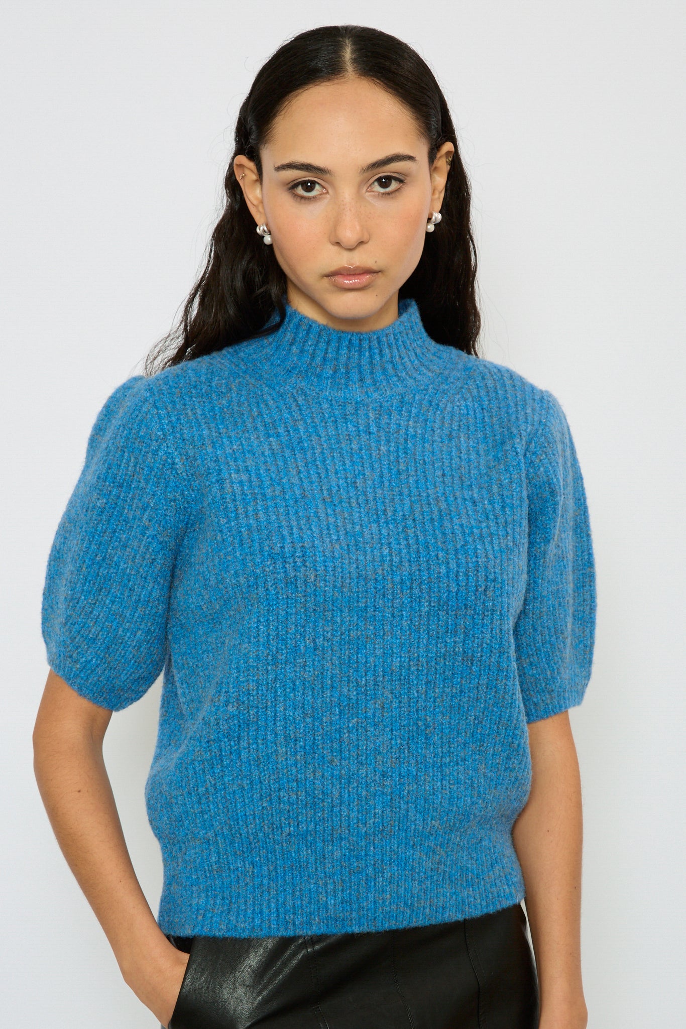 Blue wool blend puff sleeve knit top_1