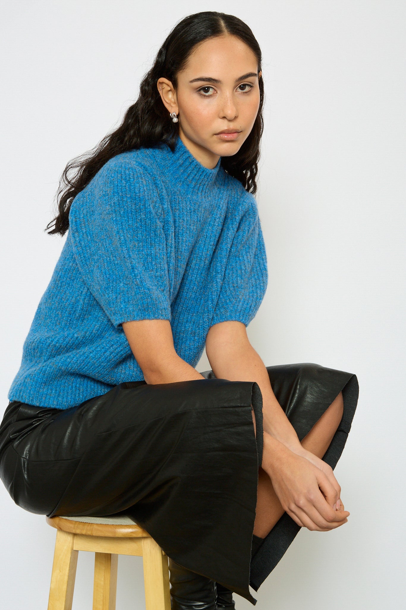 Blue wool blend puff sleeve knit top_5