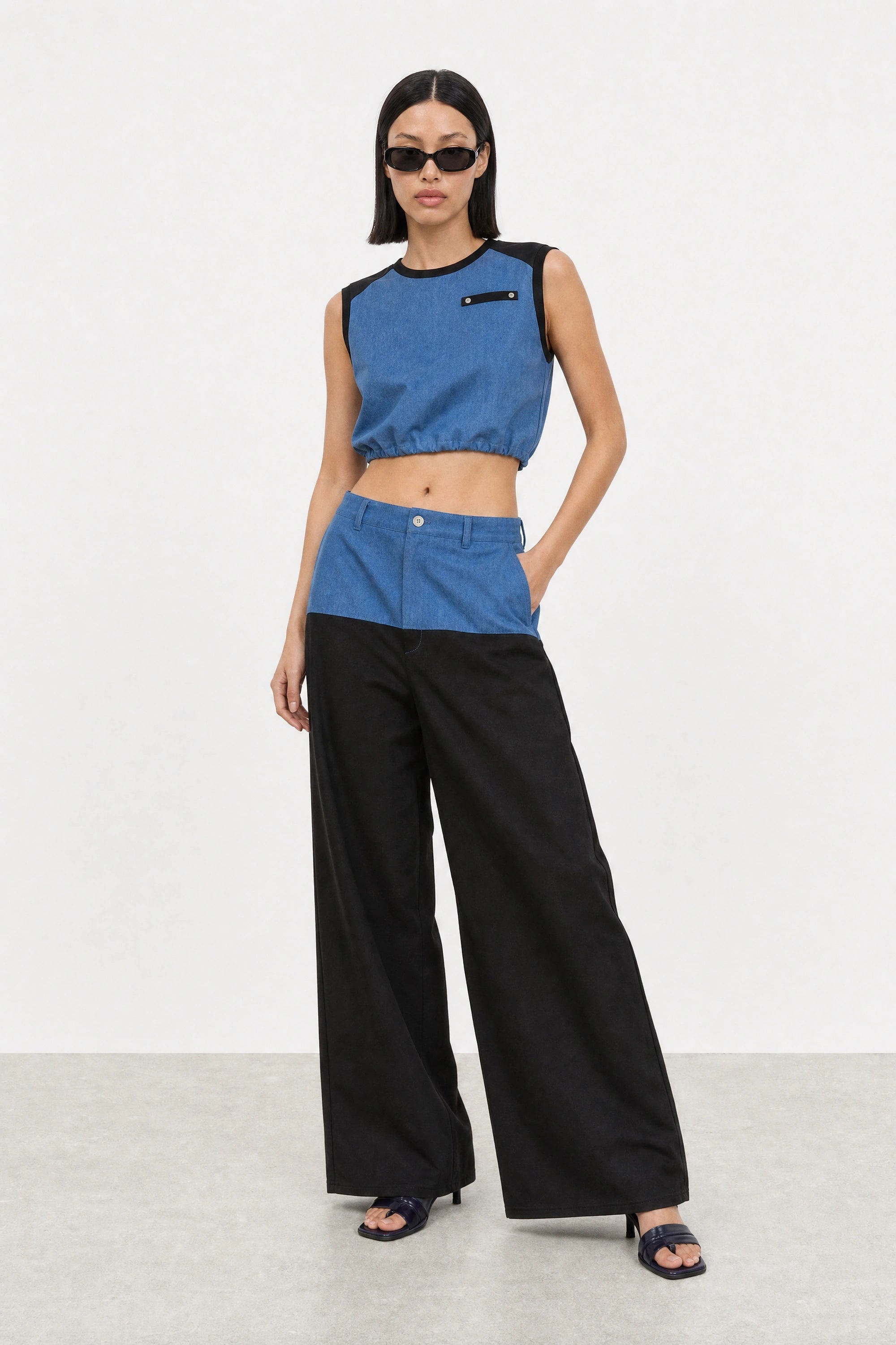 Blue denim and black jersey trousers_5