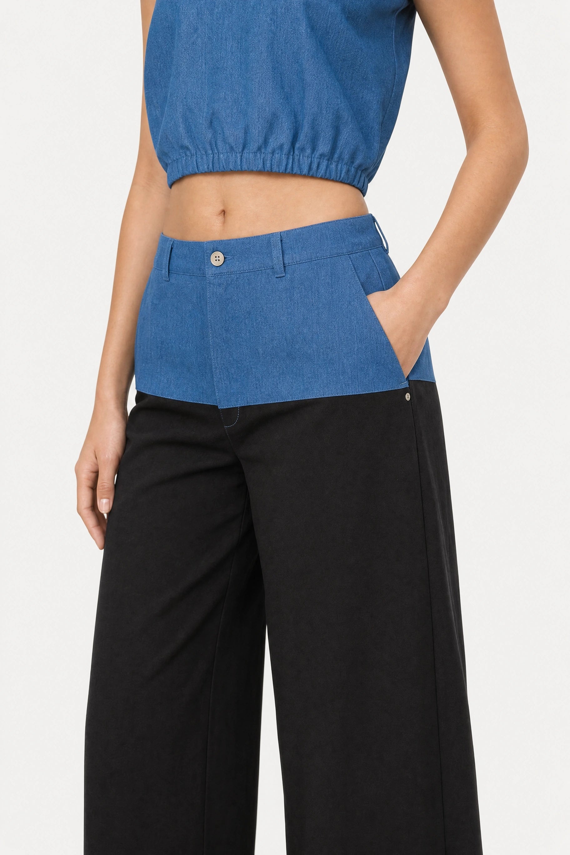Blue denim and black jersey trousers_6
