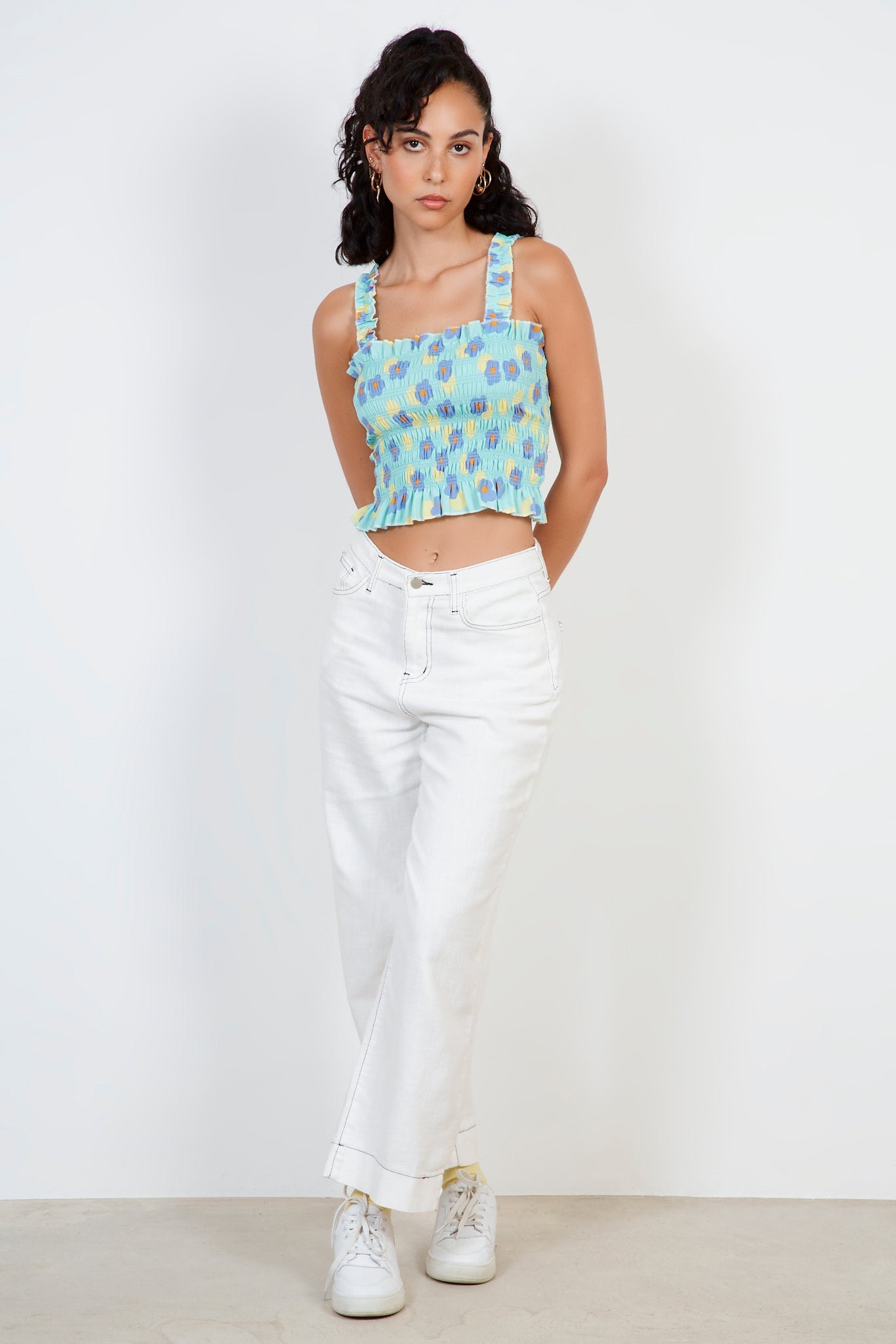 Blue and green floral ruched tank_3