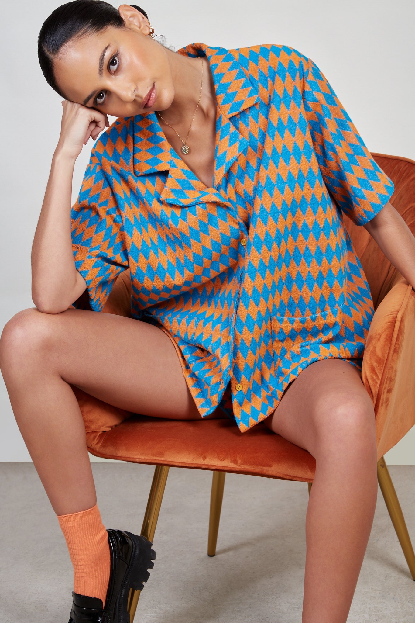 Blue and orange diamond print shirt_1