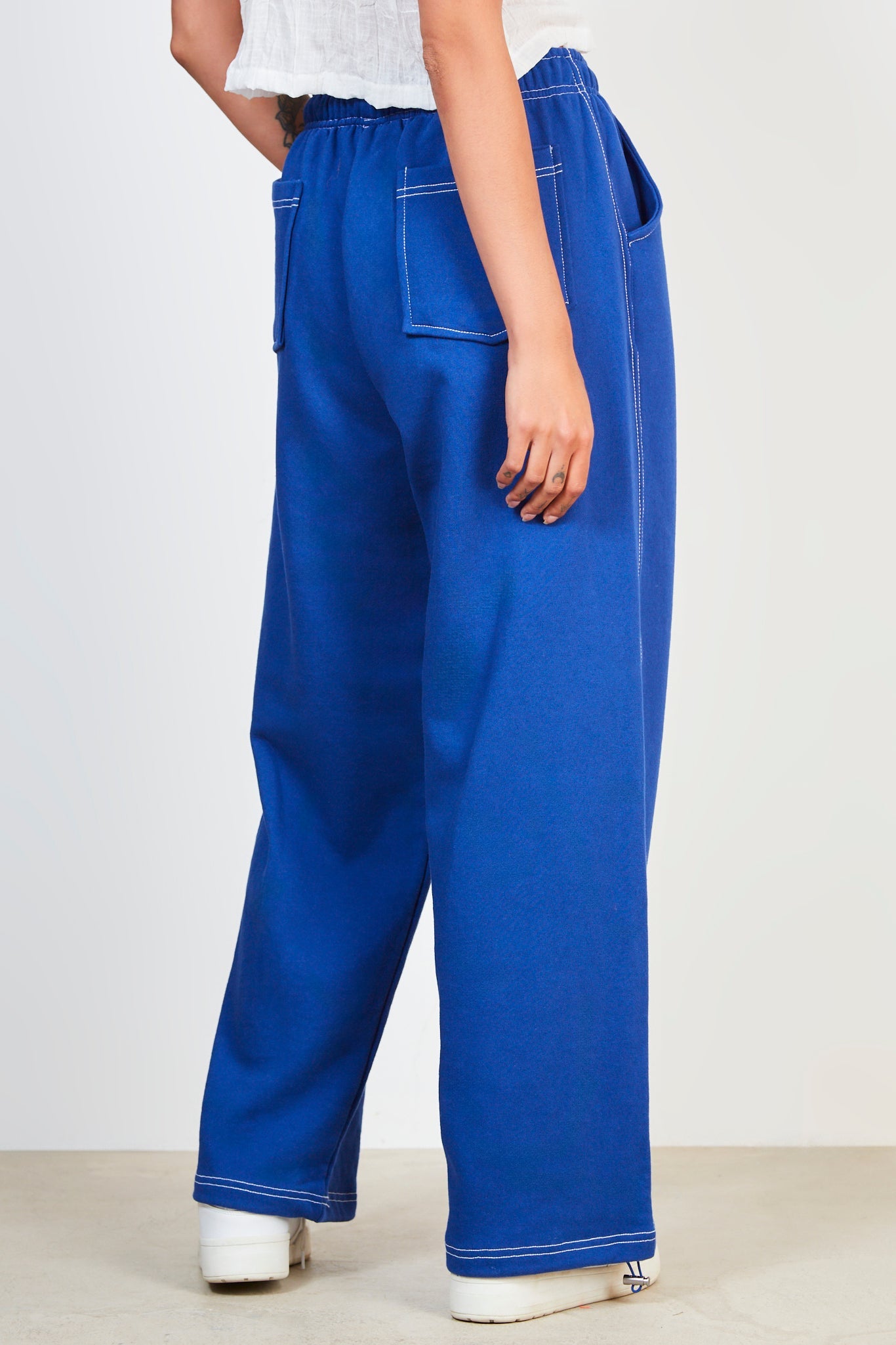 Blue and white contrast stitch sweatpants