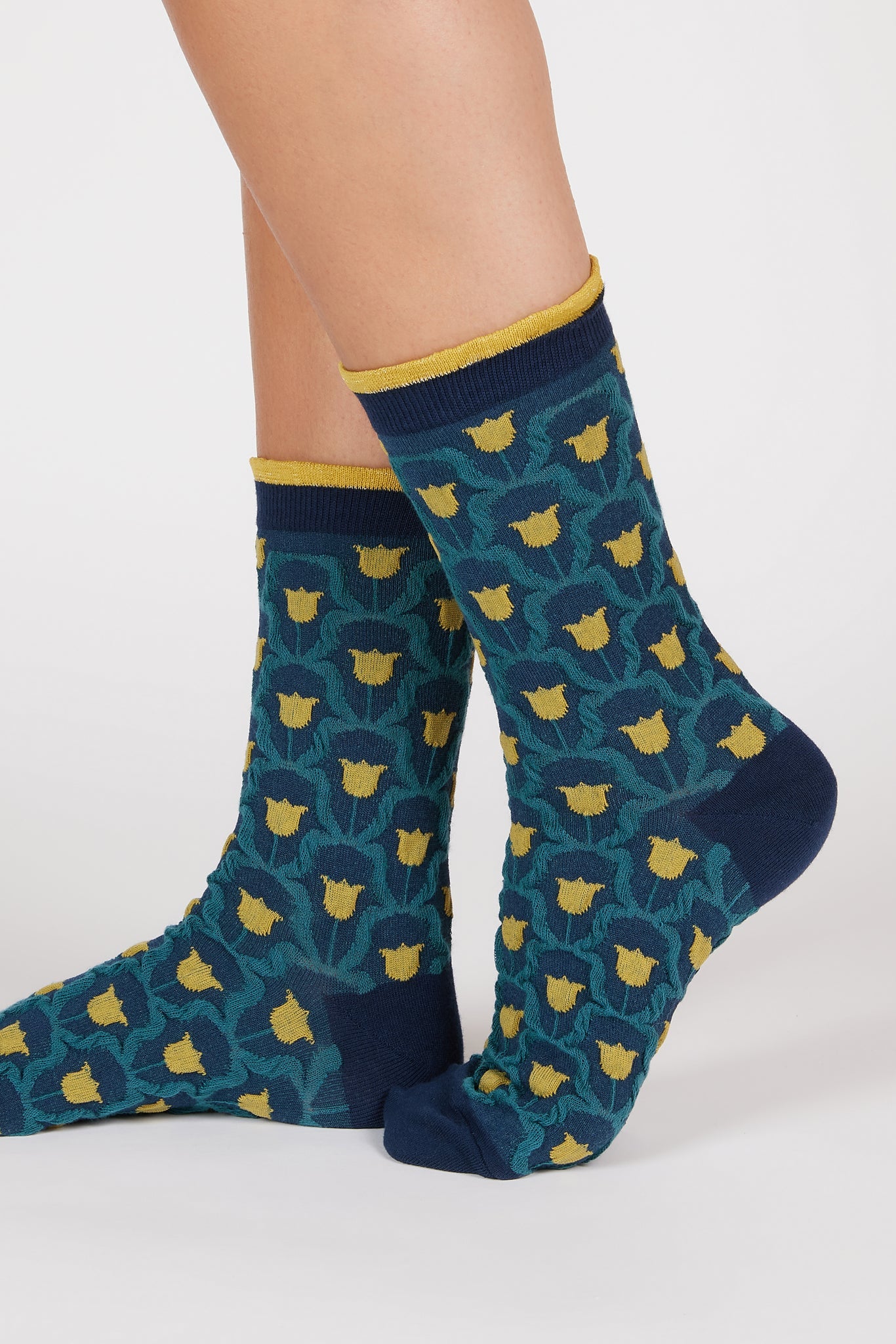 Blue and yellow tiny tulip print socks_1