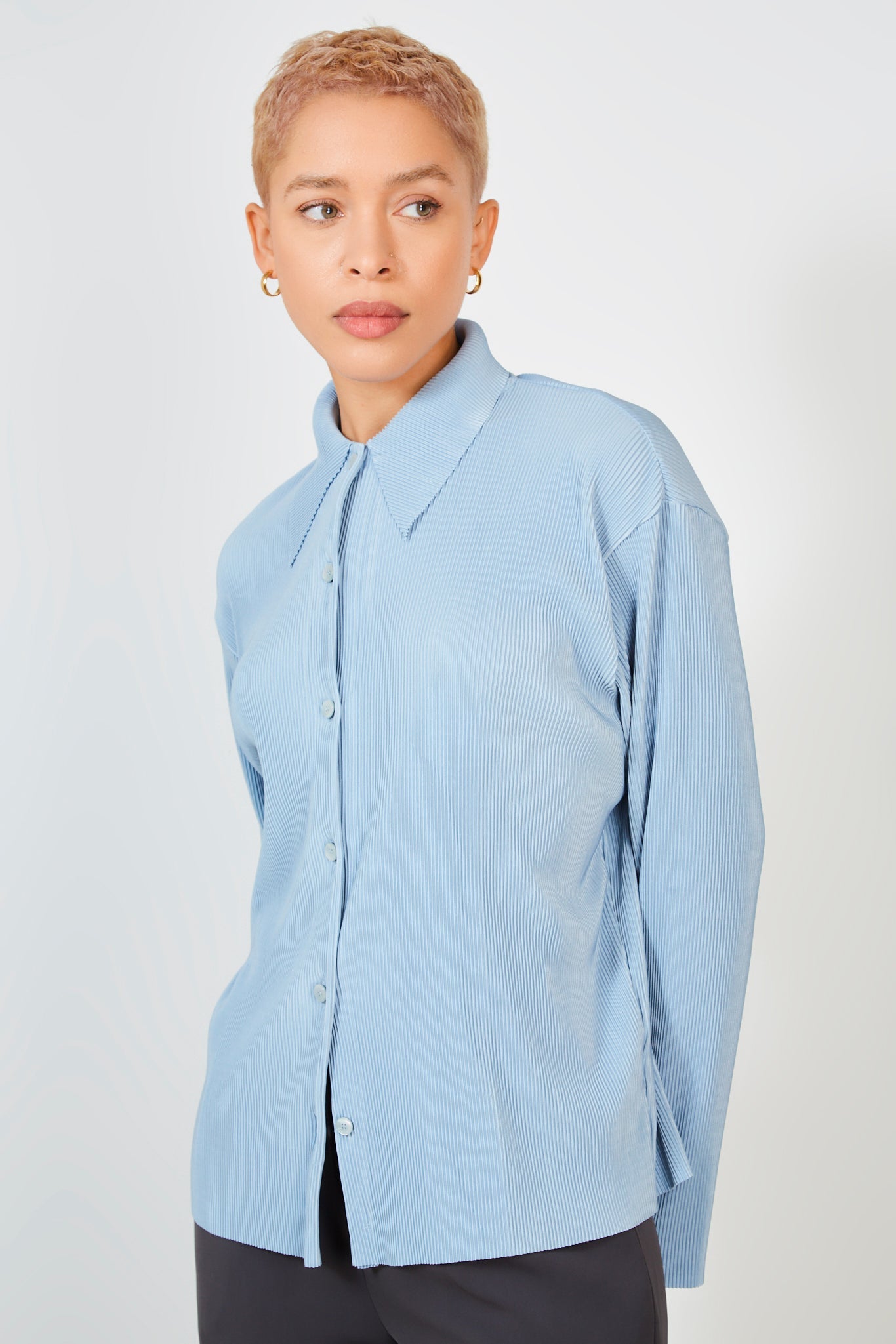 Blue grey micro pleated long sleeved shirt