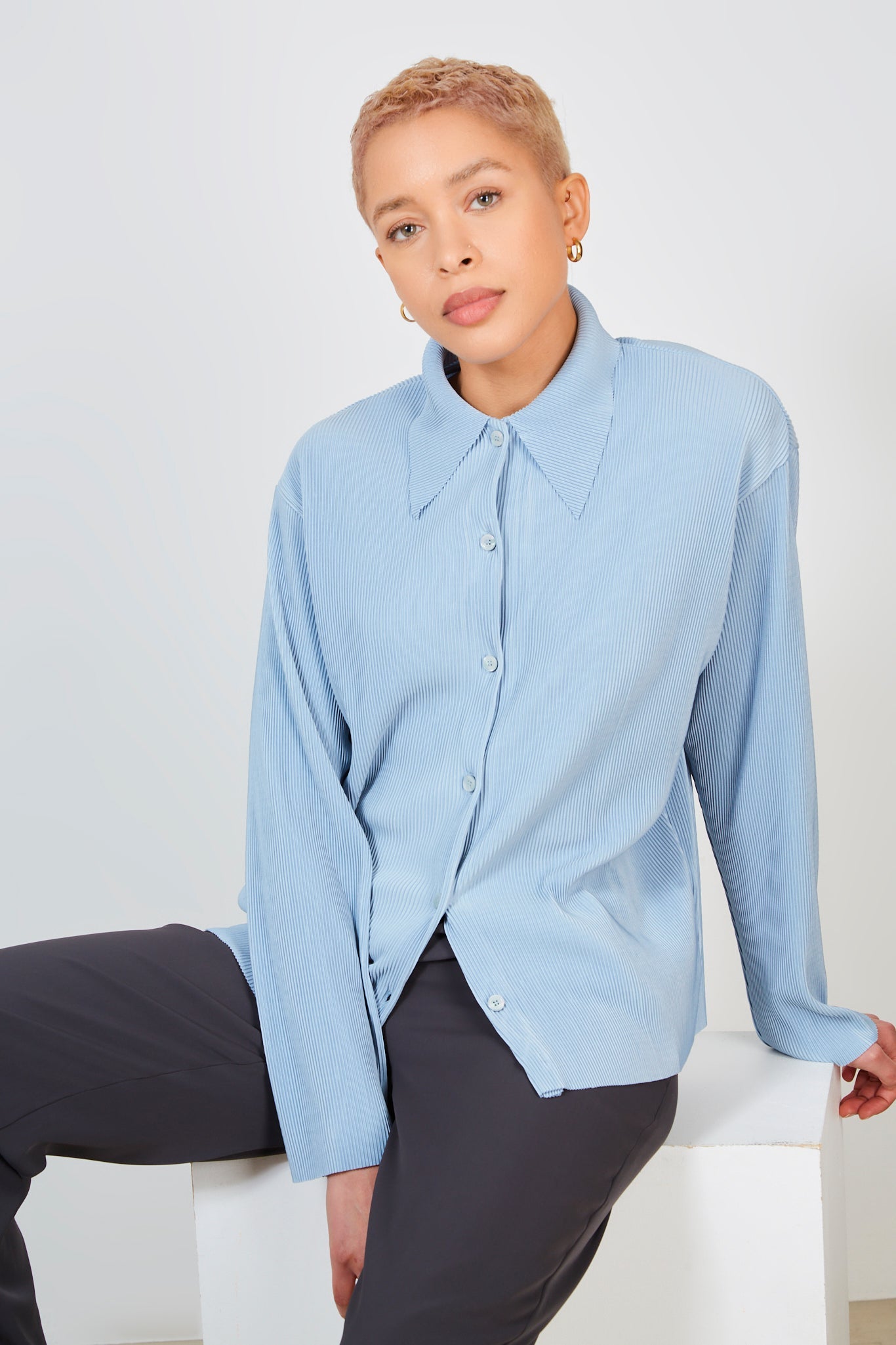 Blue grey micro pleated long sleeved shirt_5