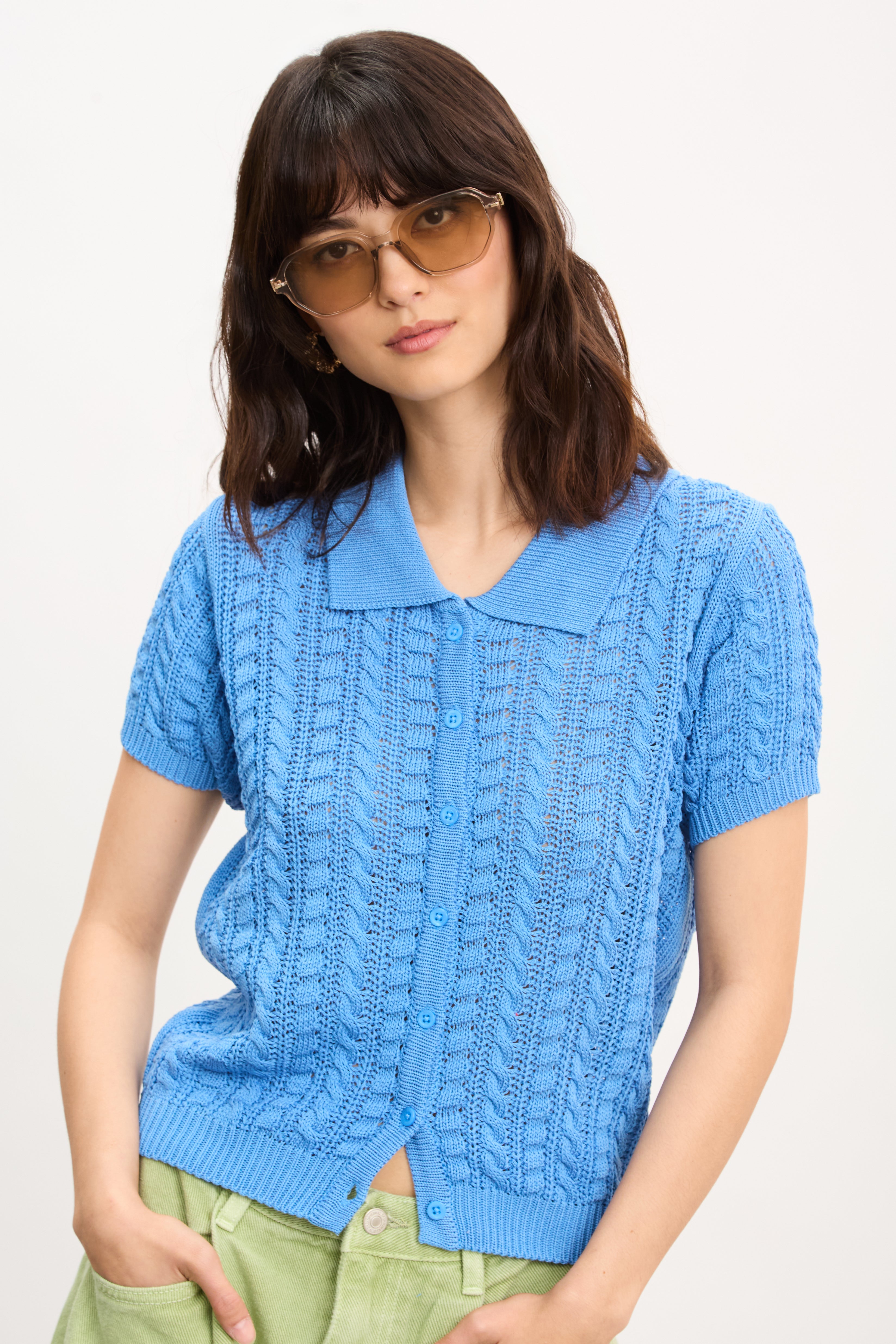 Bright blue cable knit short sleeved cardigan top_1