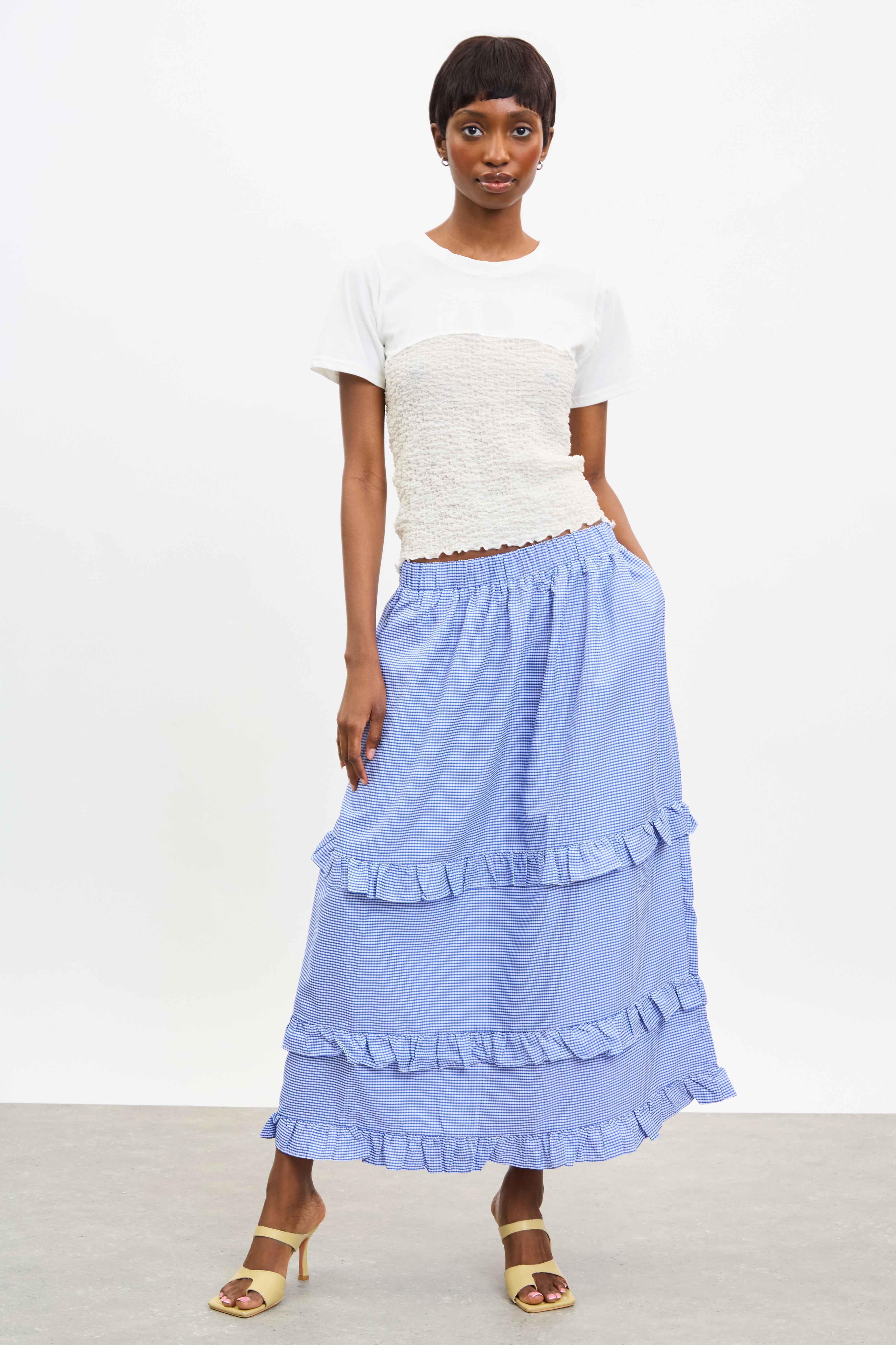 Bright blue gingham tiered ruffle trim skirt_4