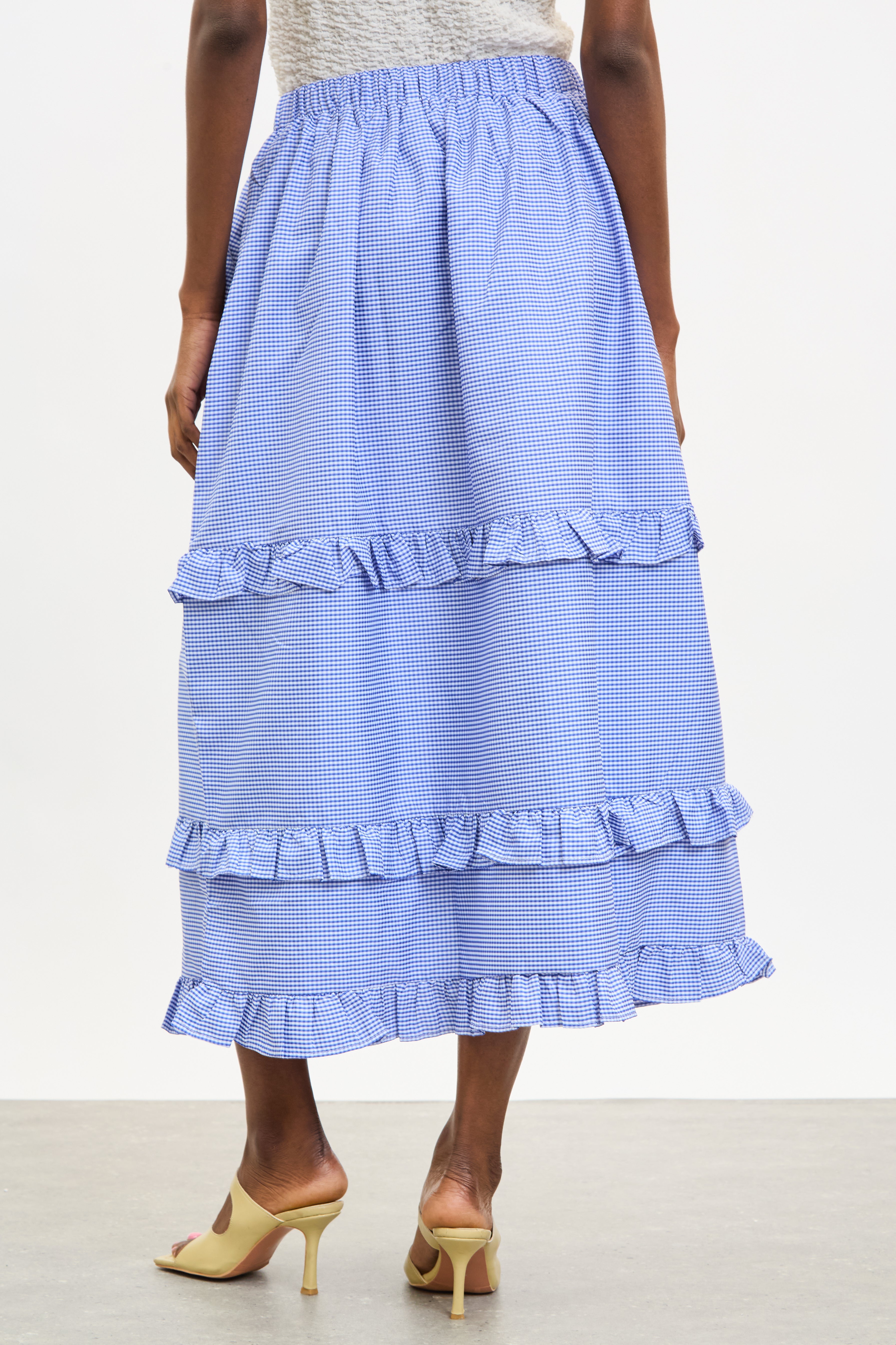 Bright blue gingham tiered ruffle trim skirt_2