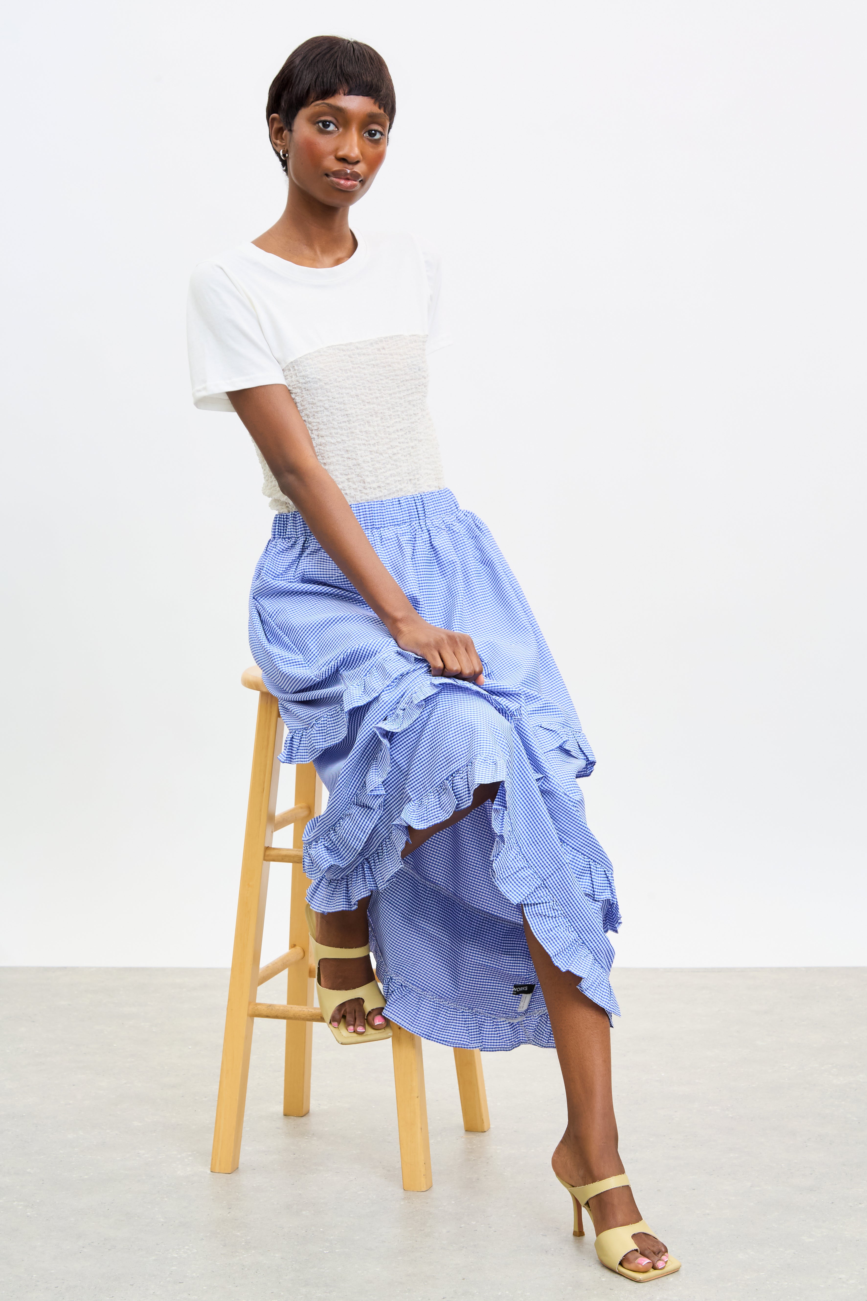 Bright blue gingham tiered ruffle trim skirt_5