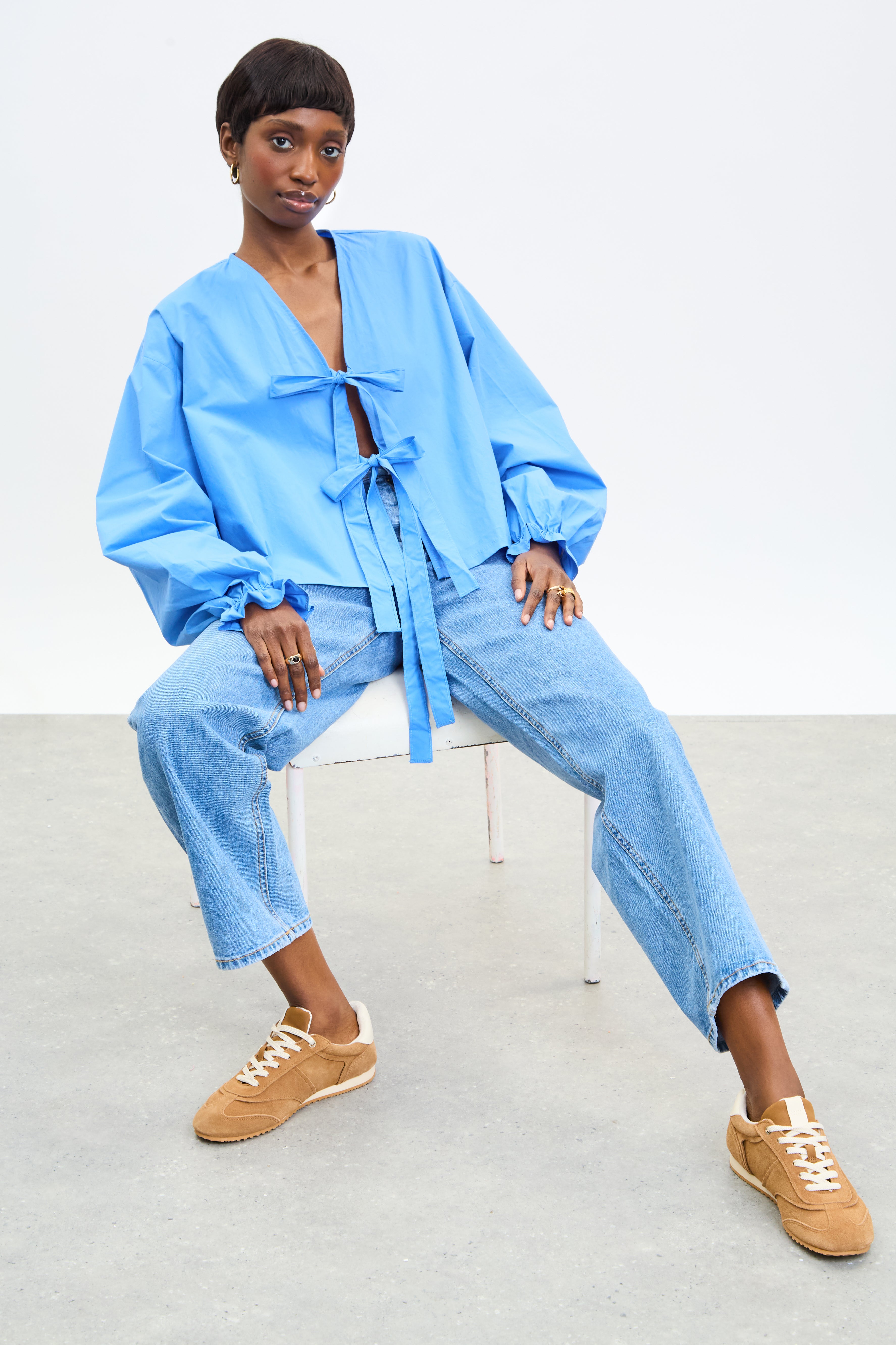 Bright blue pure cotton tie front blouse_5