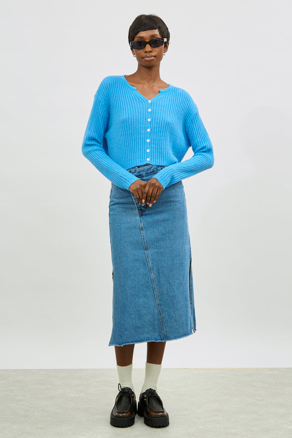 Bright blue wool blend ribbed button up cardigan_5