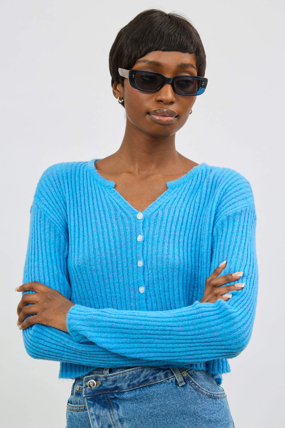 Bright blue wool blend ribbed button up cardigan_2