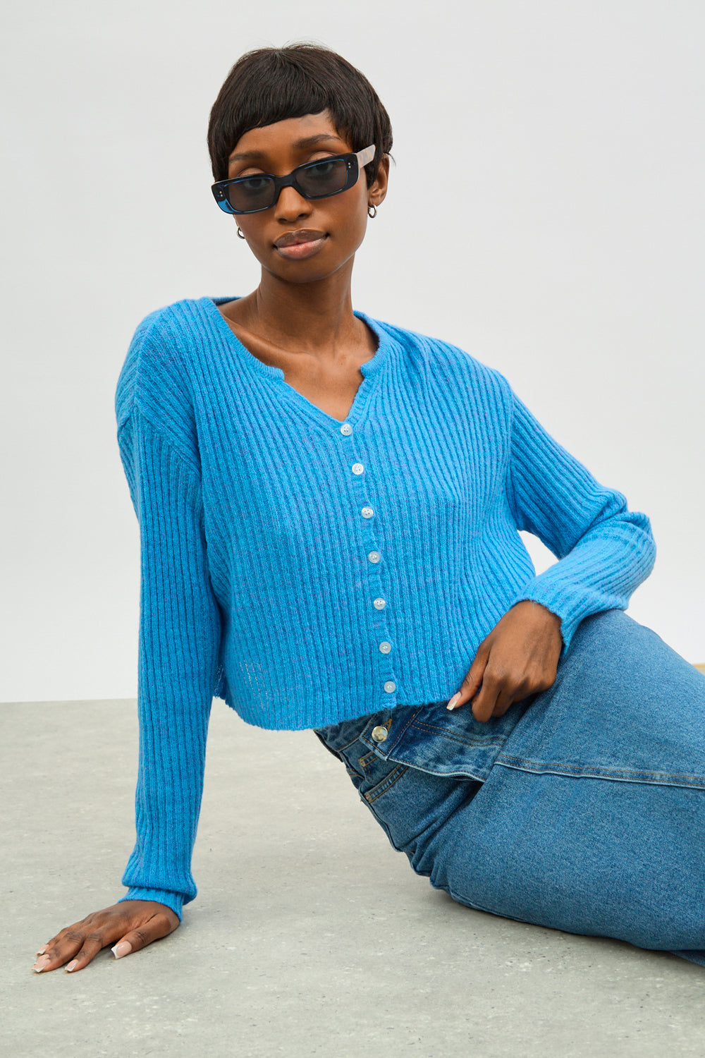 Bright blue wool blend ribbed button up cardigan_1