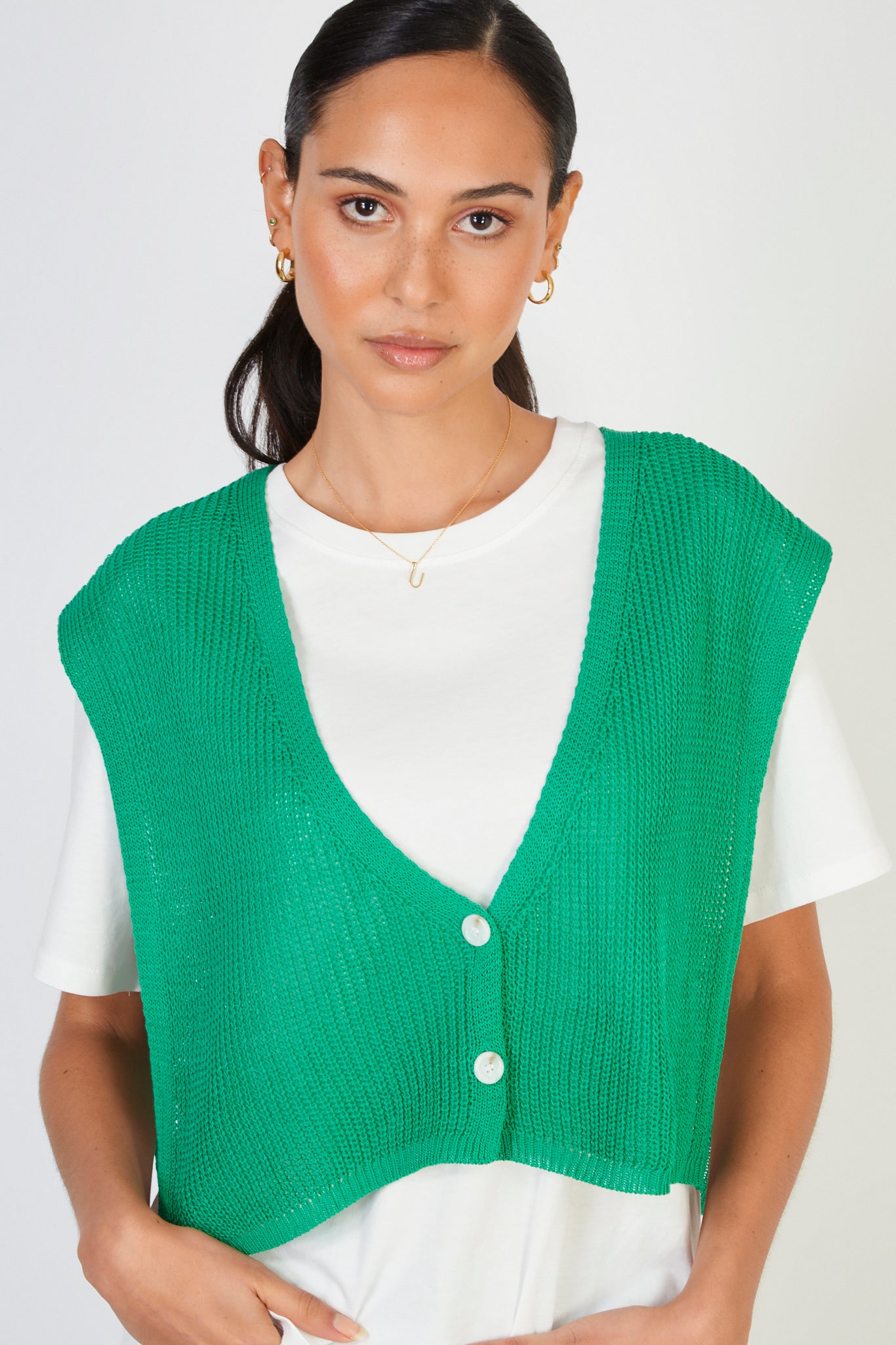 Bright green button front sweater vest_1