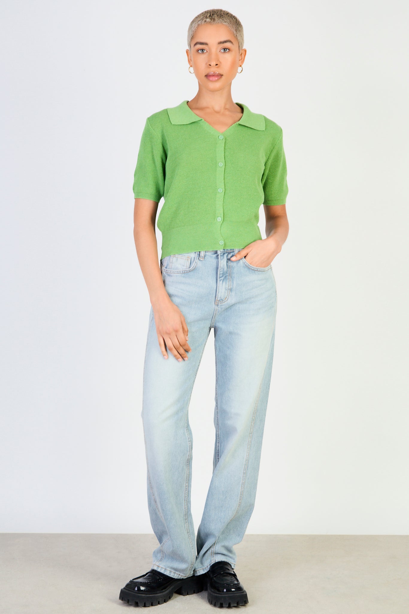 Bright green linen blend collared knit tee_4