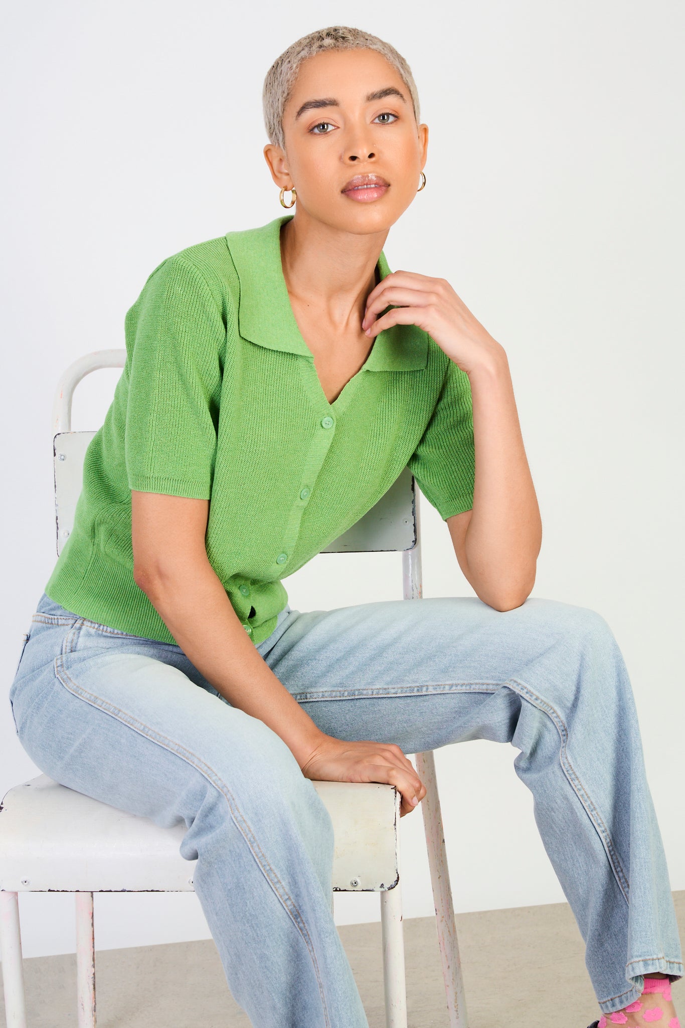 Bright green linen blend collared knit tee_5