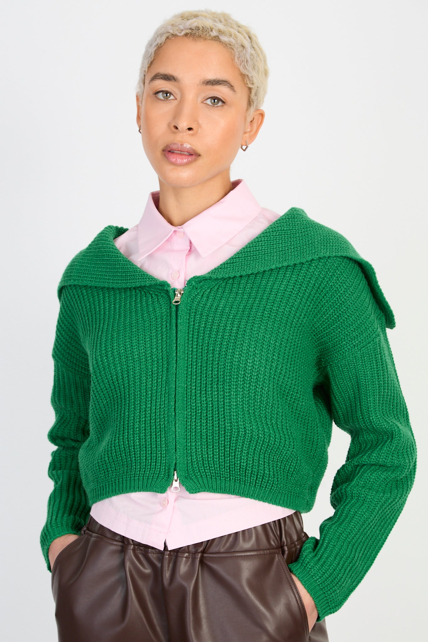 Bright green ribbed giant collar double zip cardigan_1