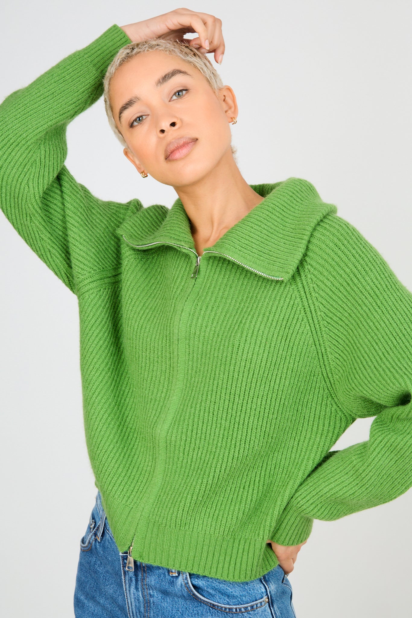 Bright green ribbed large collar double zip cardigan_1