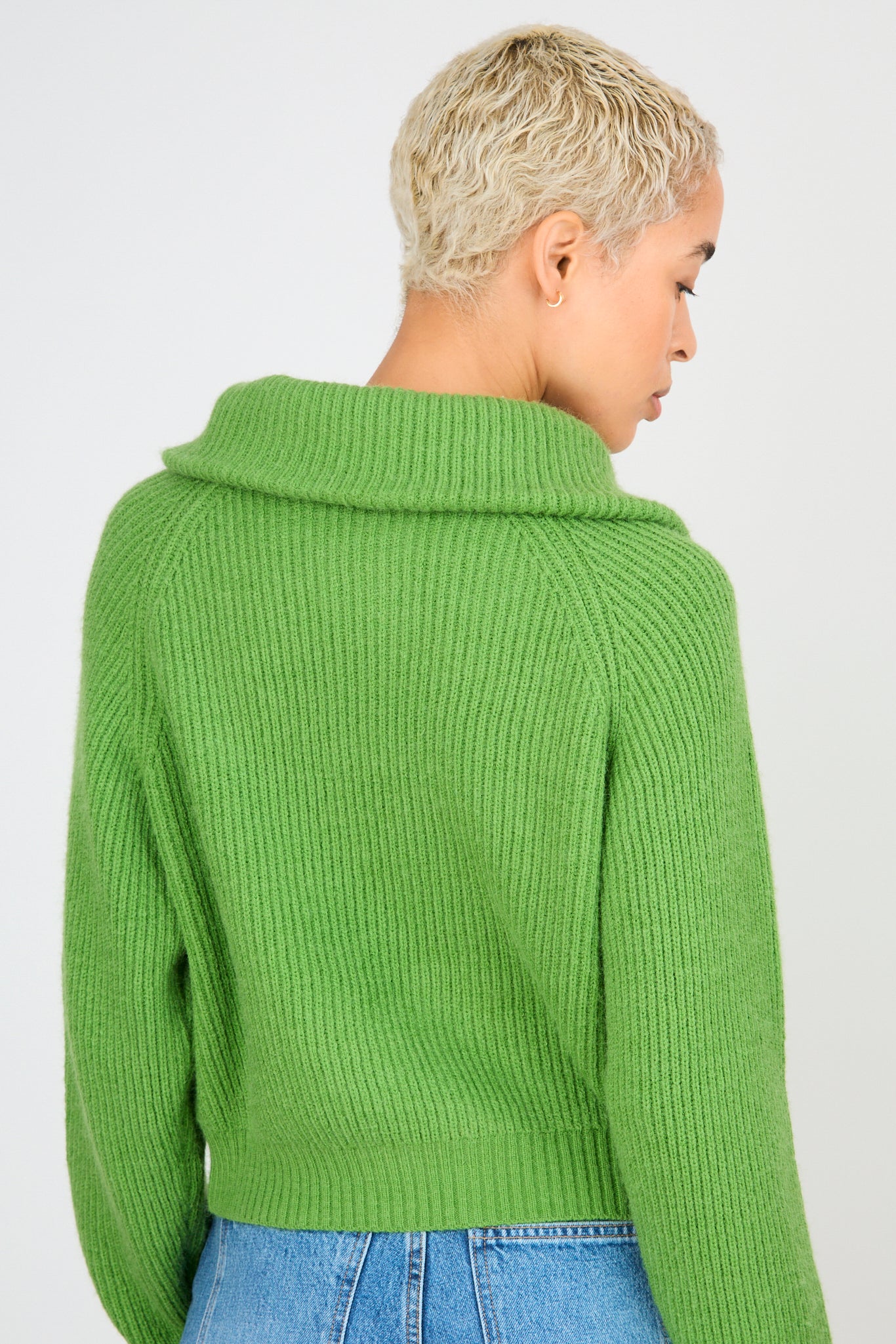 Bright green ribbed large collar double zip cardigan_2