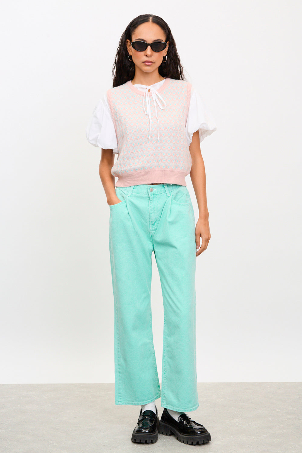 Bright green single pleat straight leg jeans_4