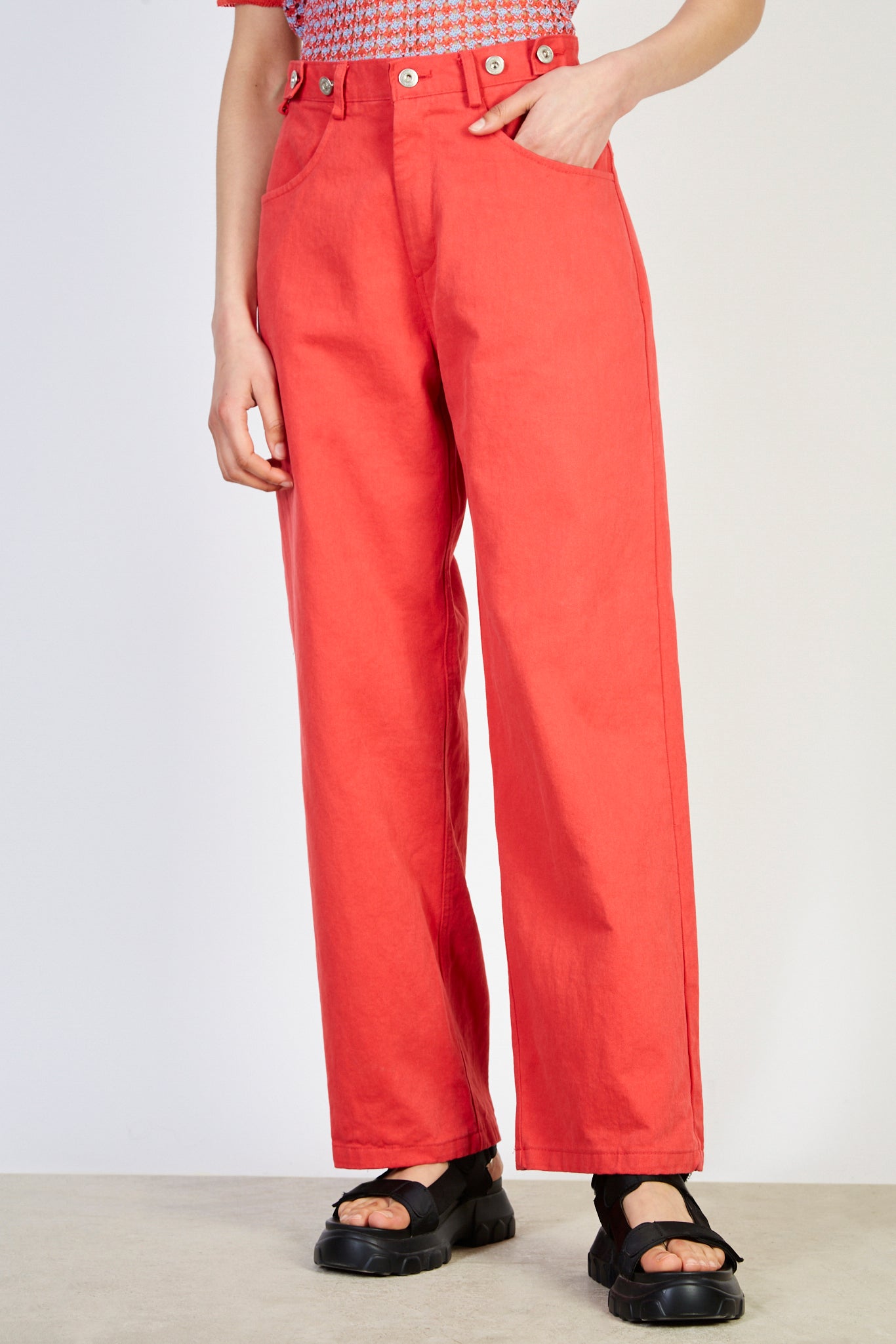 Bright red adjustable waist double button jeans_1
