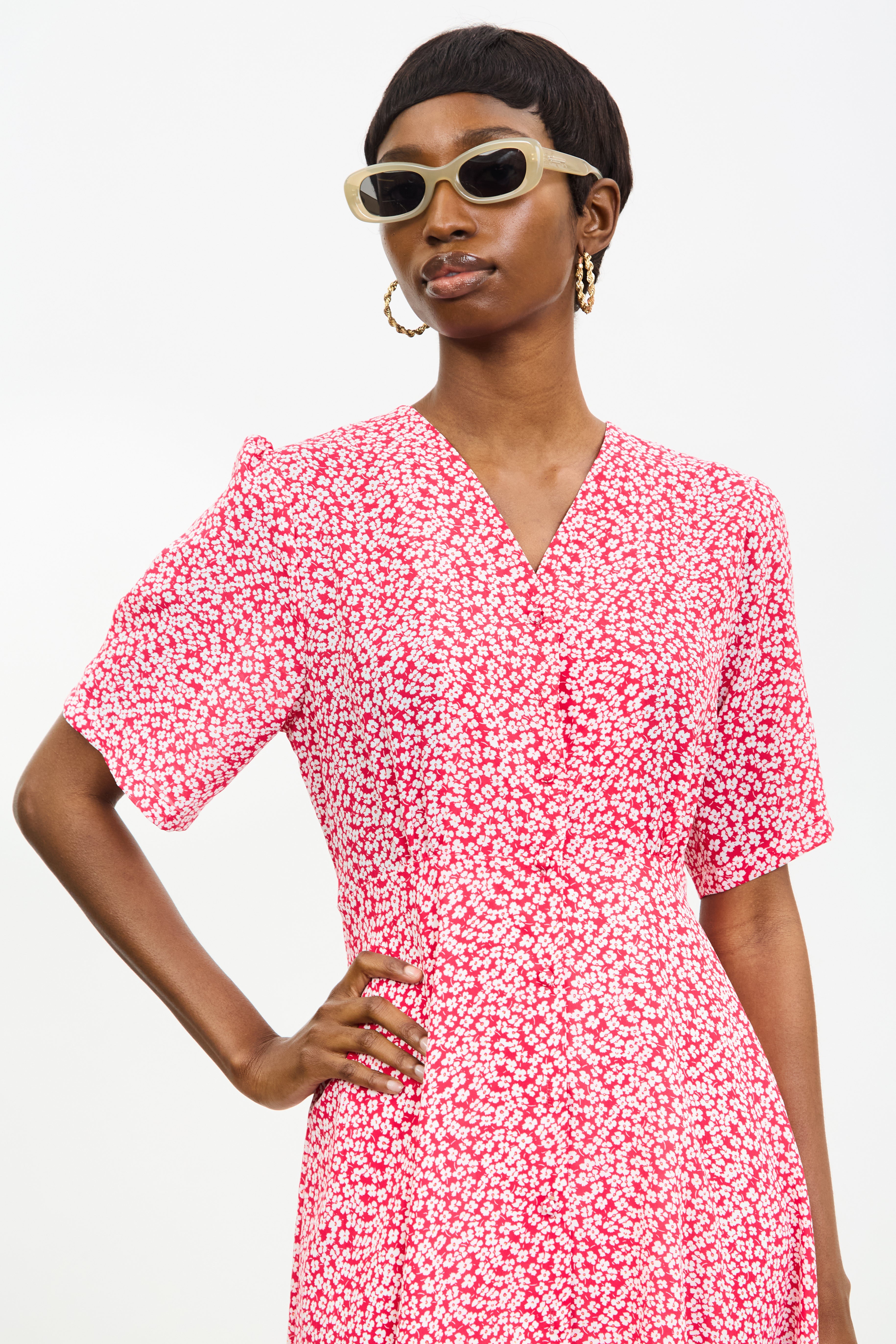 Bright red and white tiny floral print midi dress_3