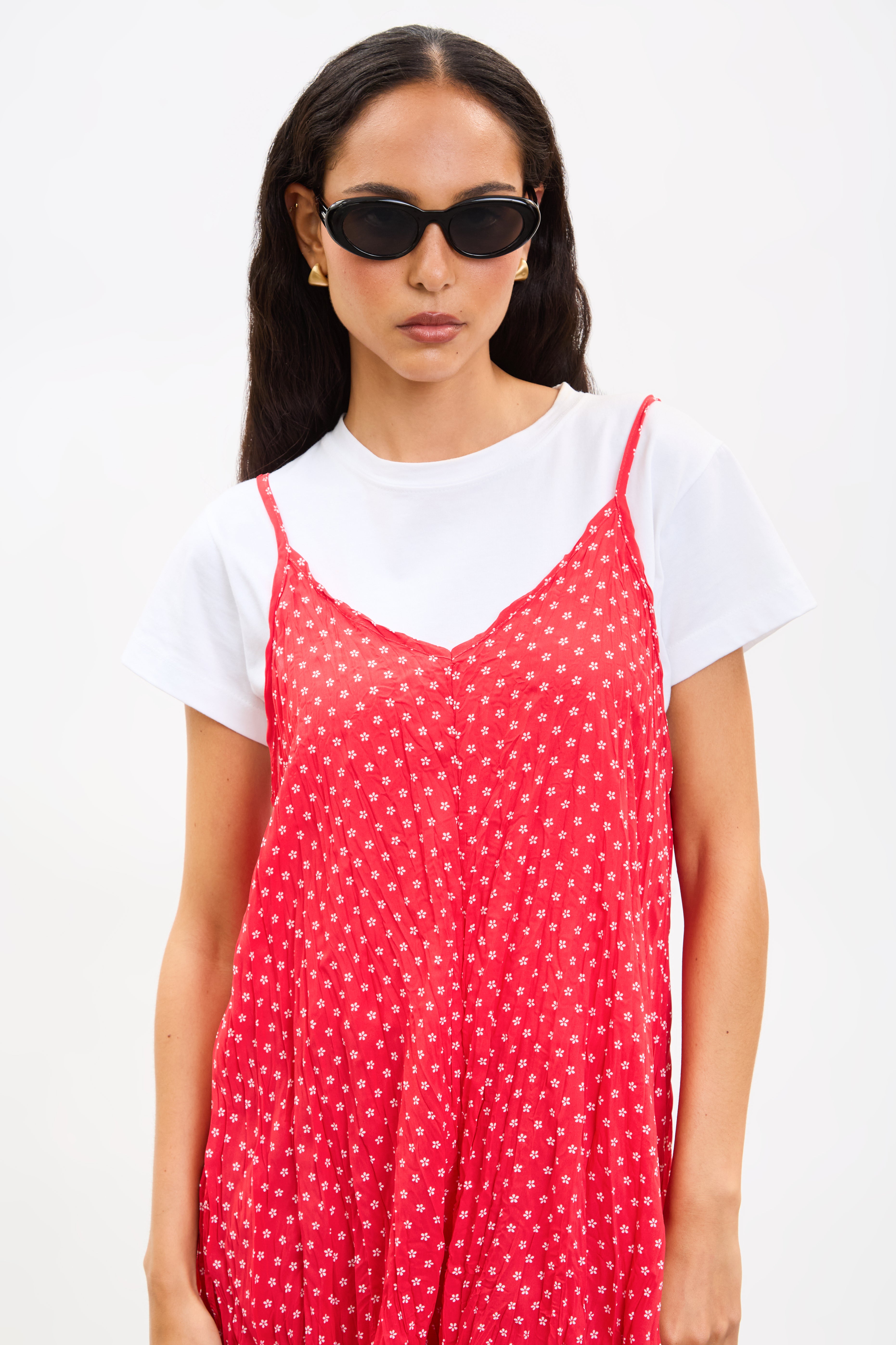 Bright red and white tiny floral print wrinkle dress_3