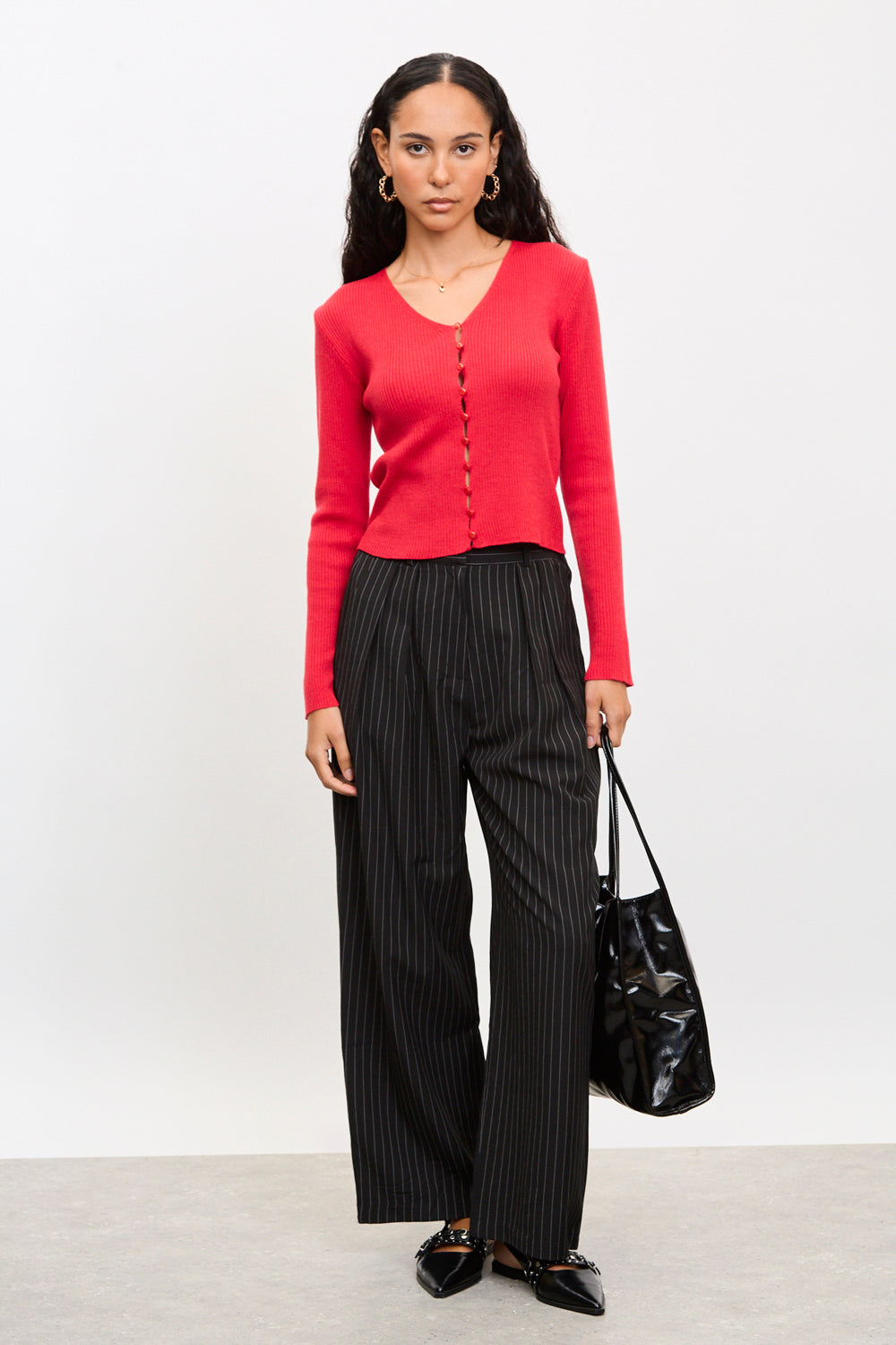 Bright red button front knit top_4