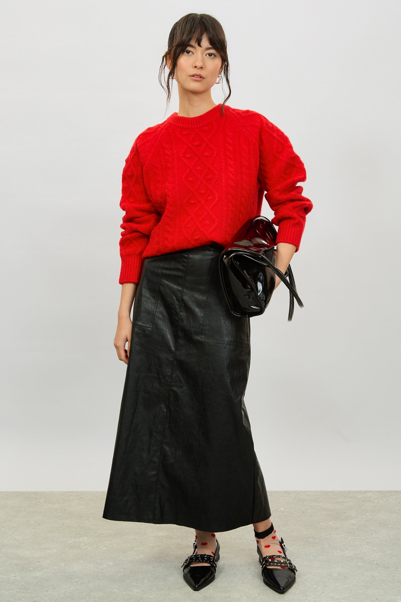 Bright red diamond sleeve cable knit jumper_5