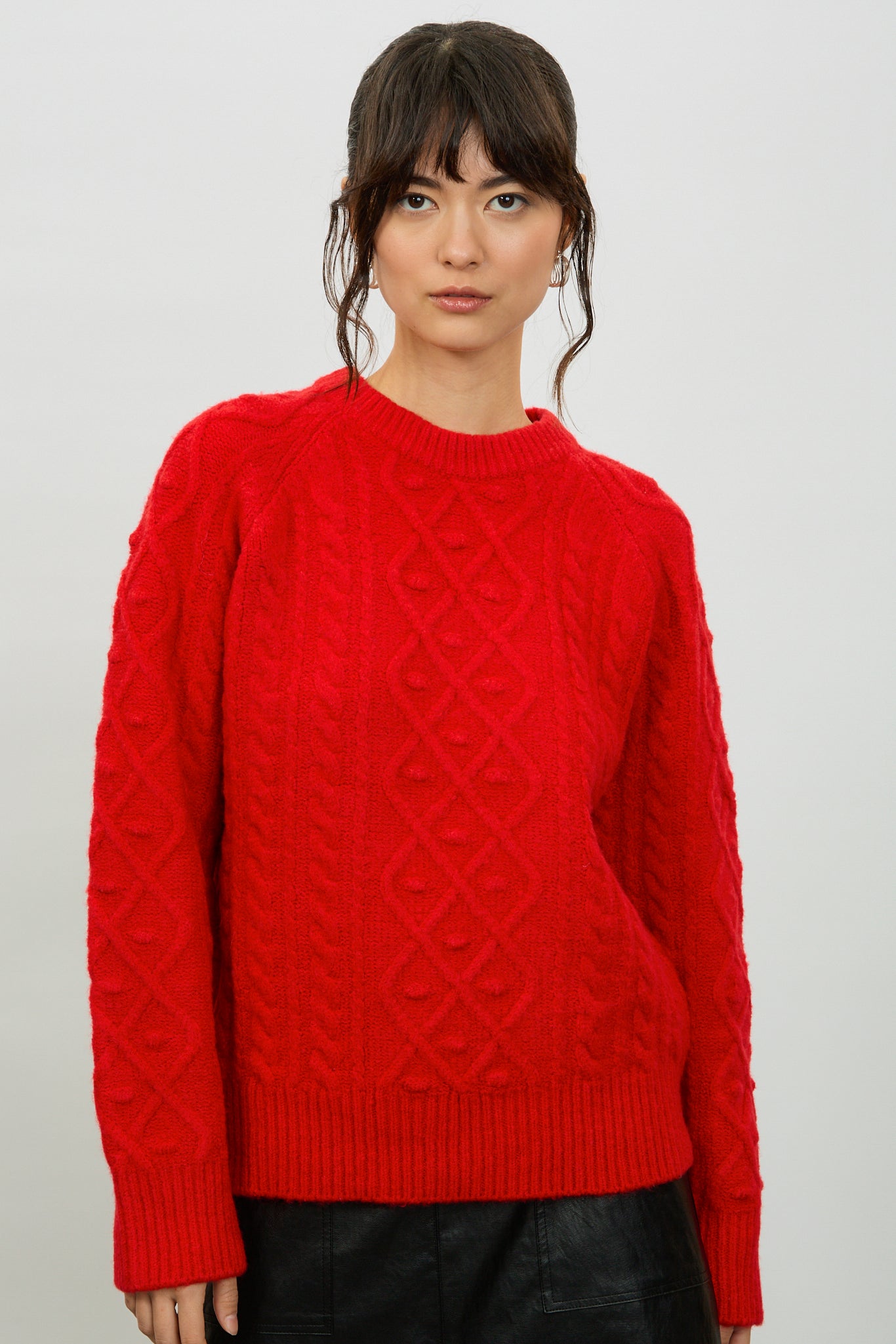 Bright red diamond sleeve cable knit jumper_2