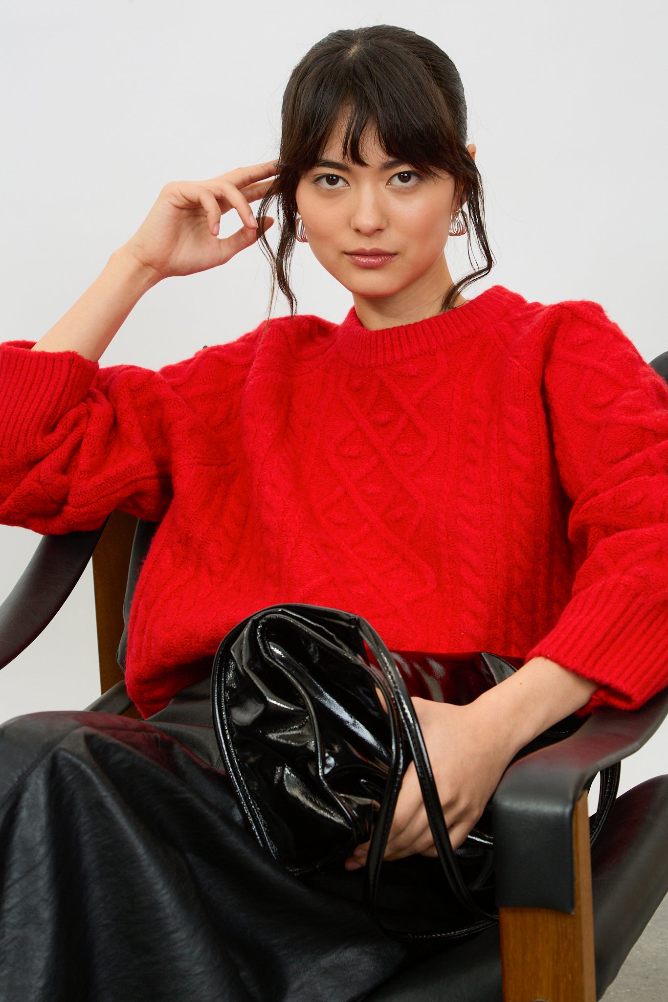 Bright red diamond sleeve cable knit jumper_1