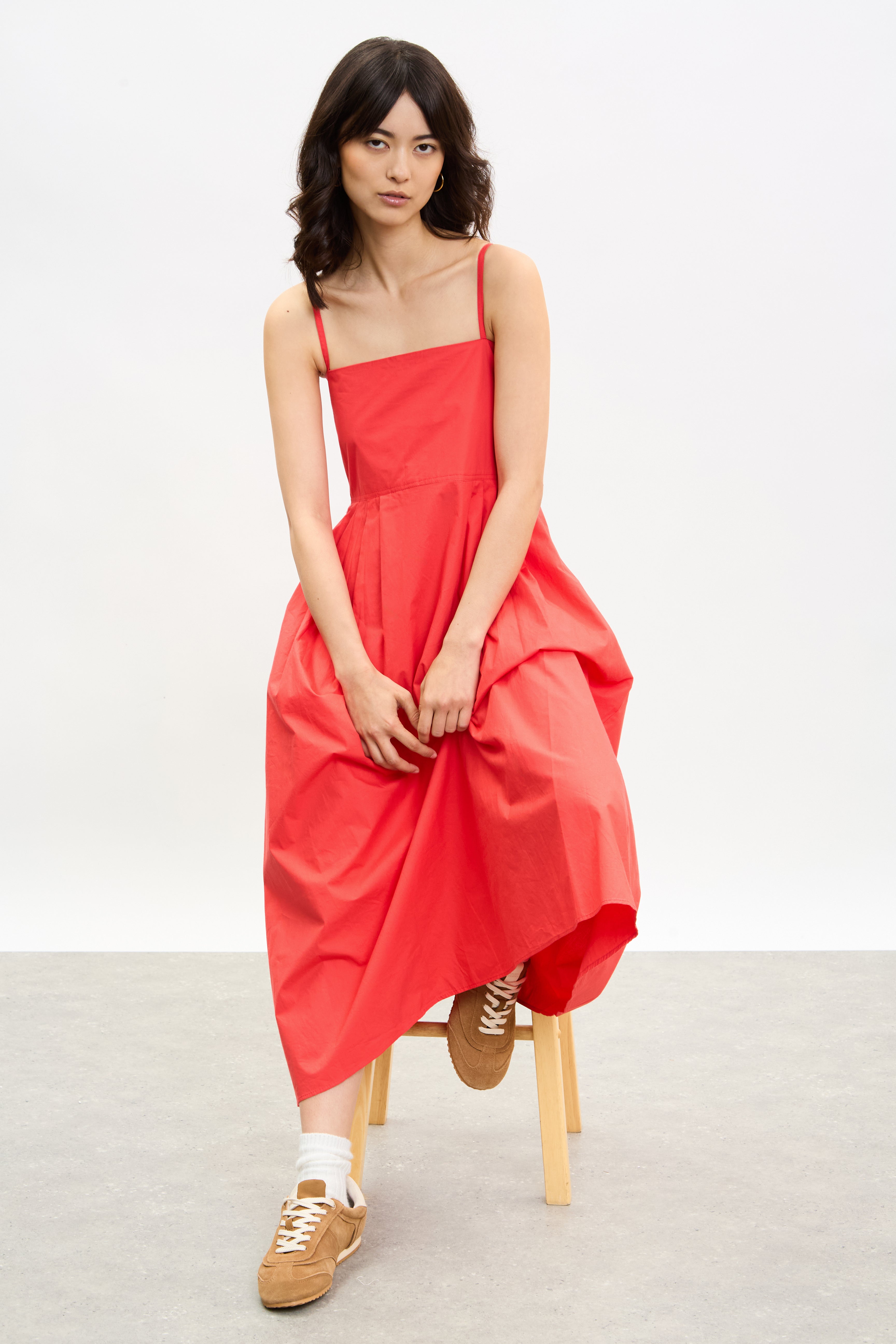 Bright red pleated skirt strappy dress_1