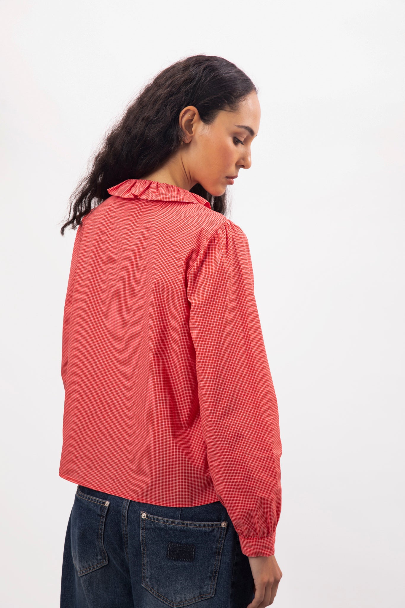 Bright red small ruffle collar blouse_3