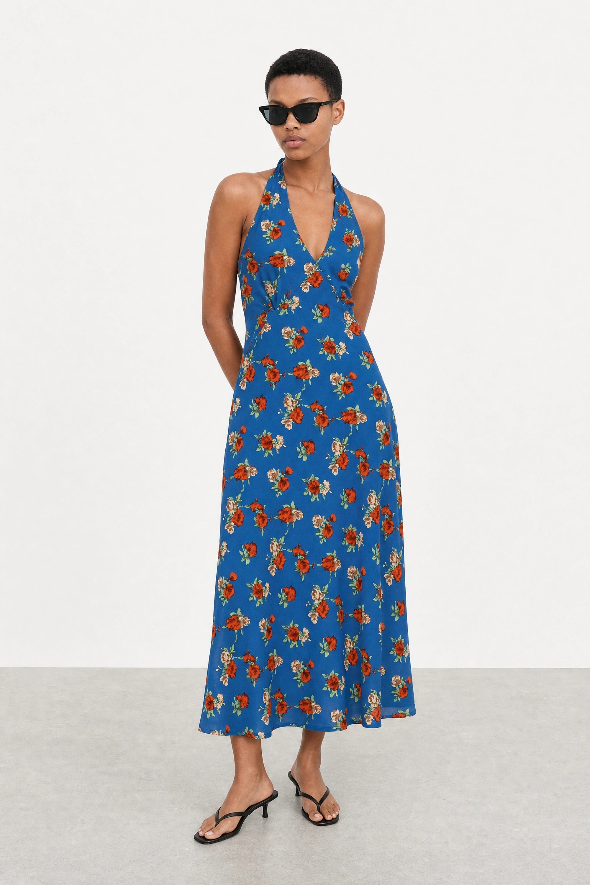 Bright blue and red rose print halter dress_1