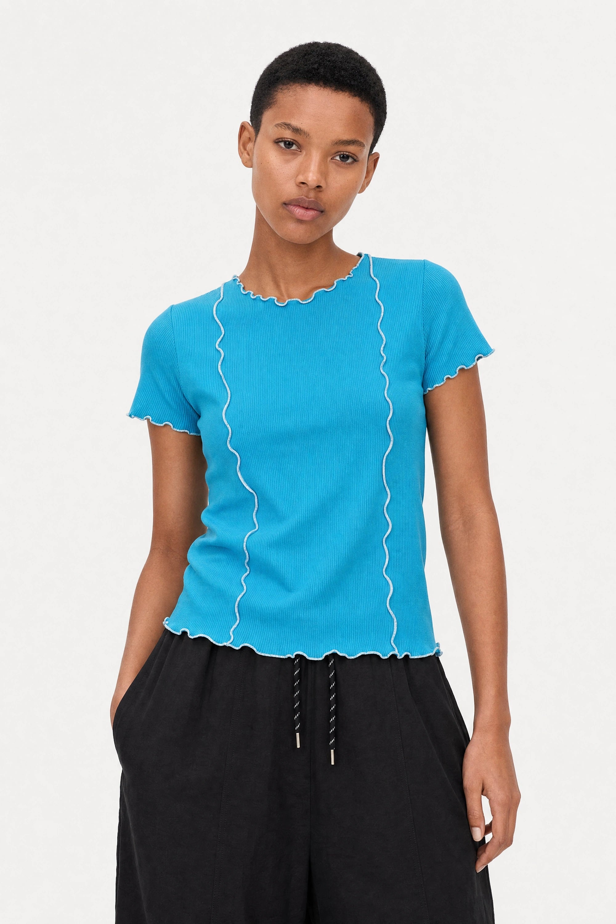 Bright blue ribbed contrast trim double line tee_1