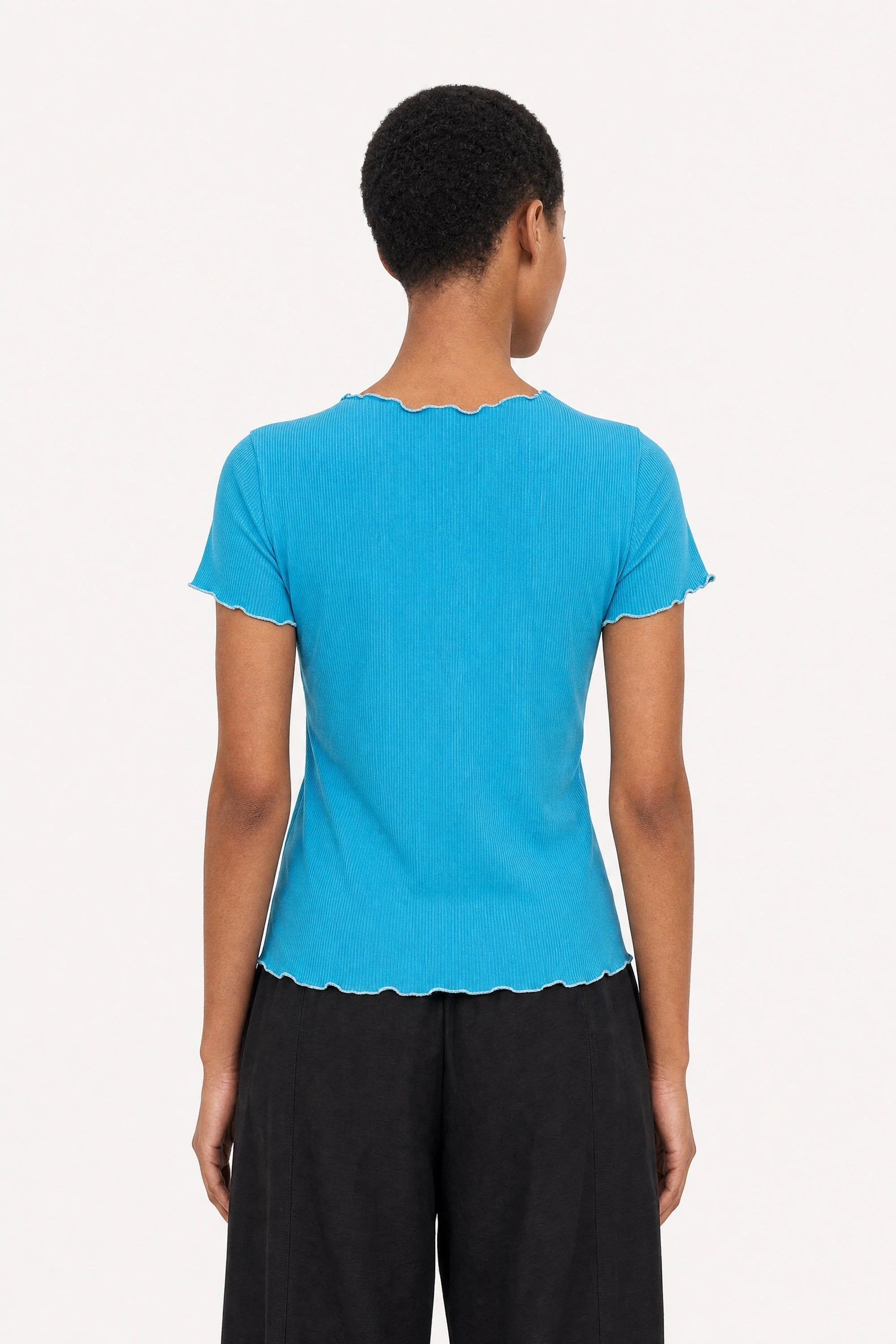 Bright blue ribbed contrast trim double line tee_2