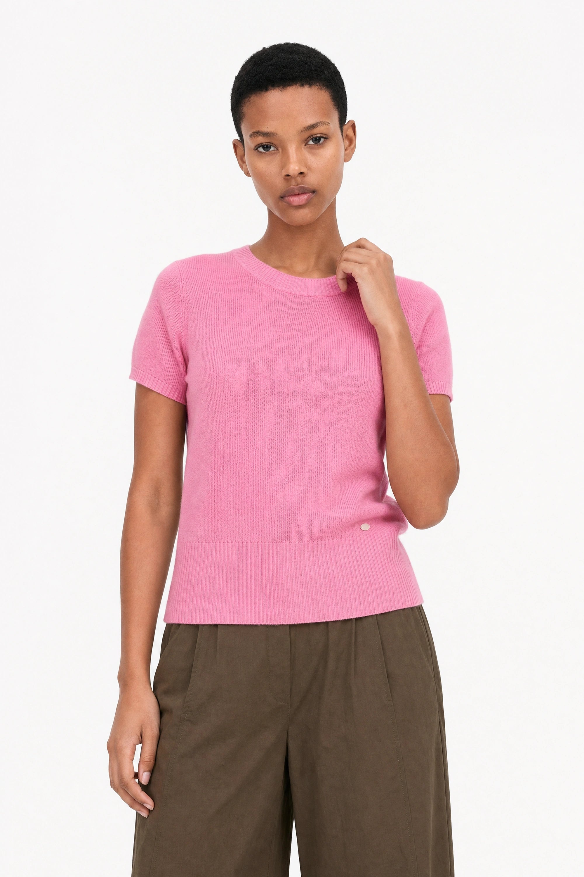 Bright pink thin ribbed tiered knit tee_1