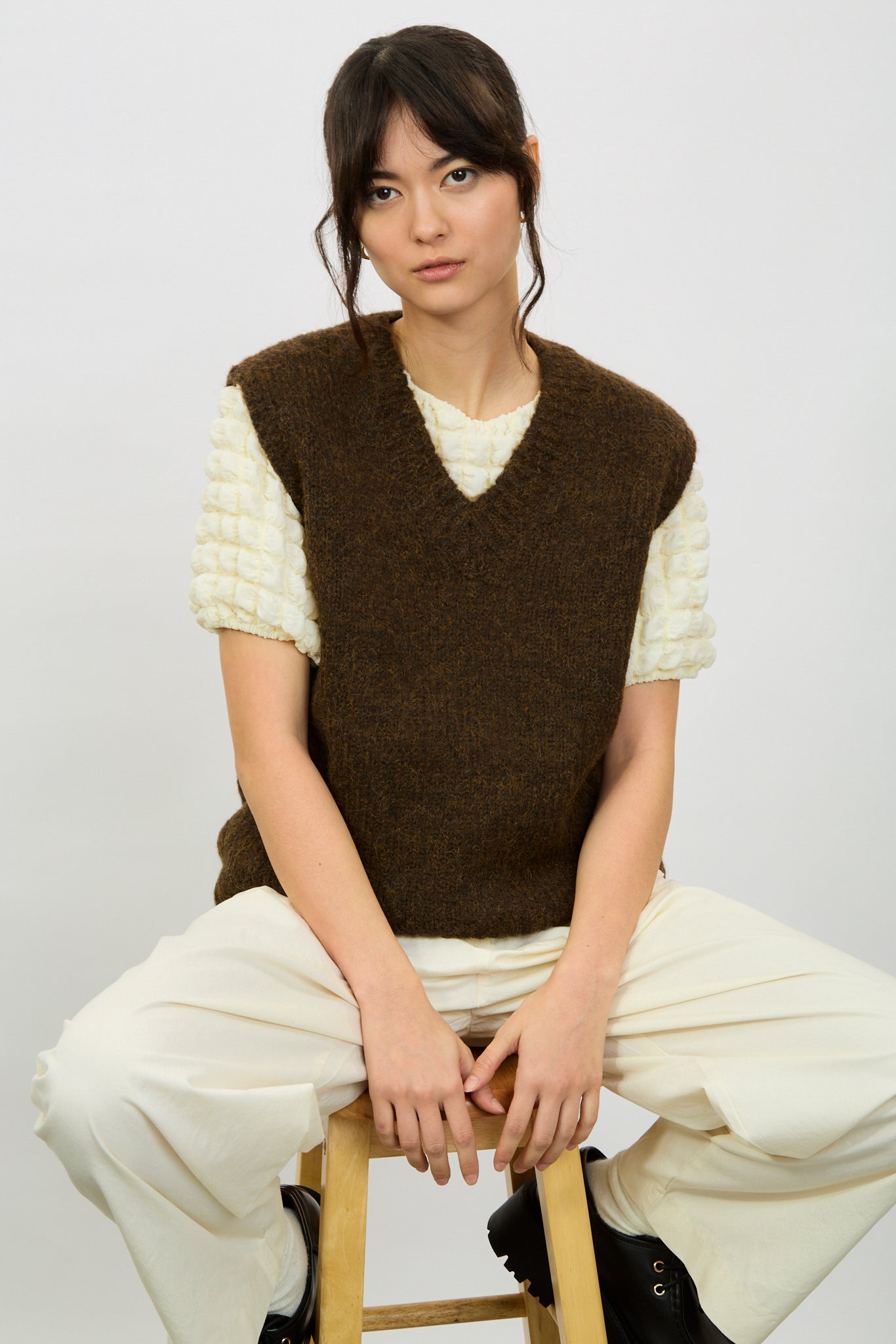 Brown alpaca wool blend V neck sweater vest_5