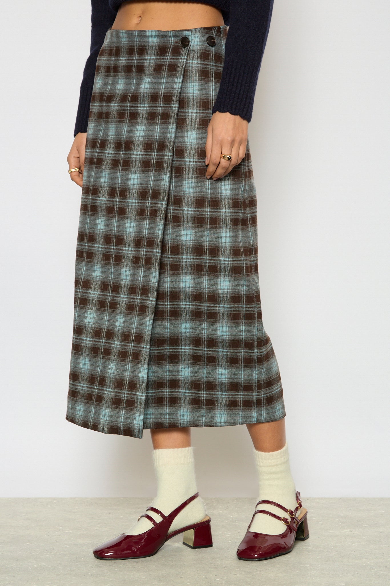 Brown and blue plaid wrap skirt_1