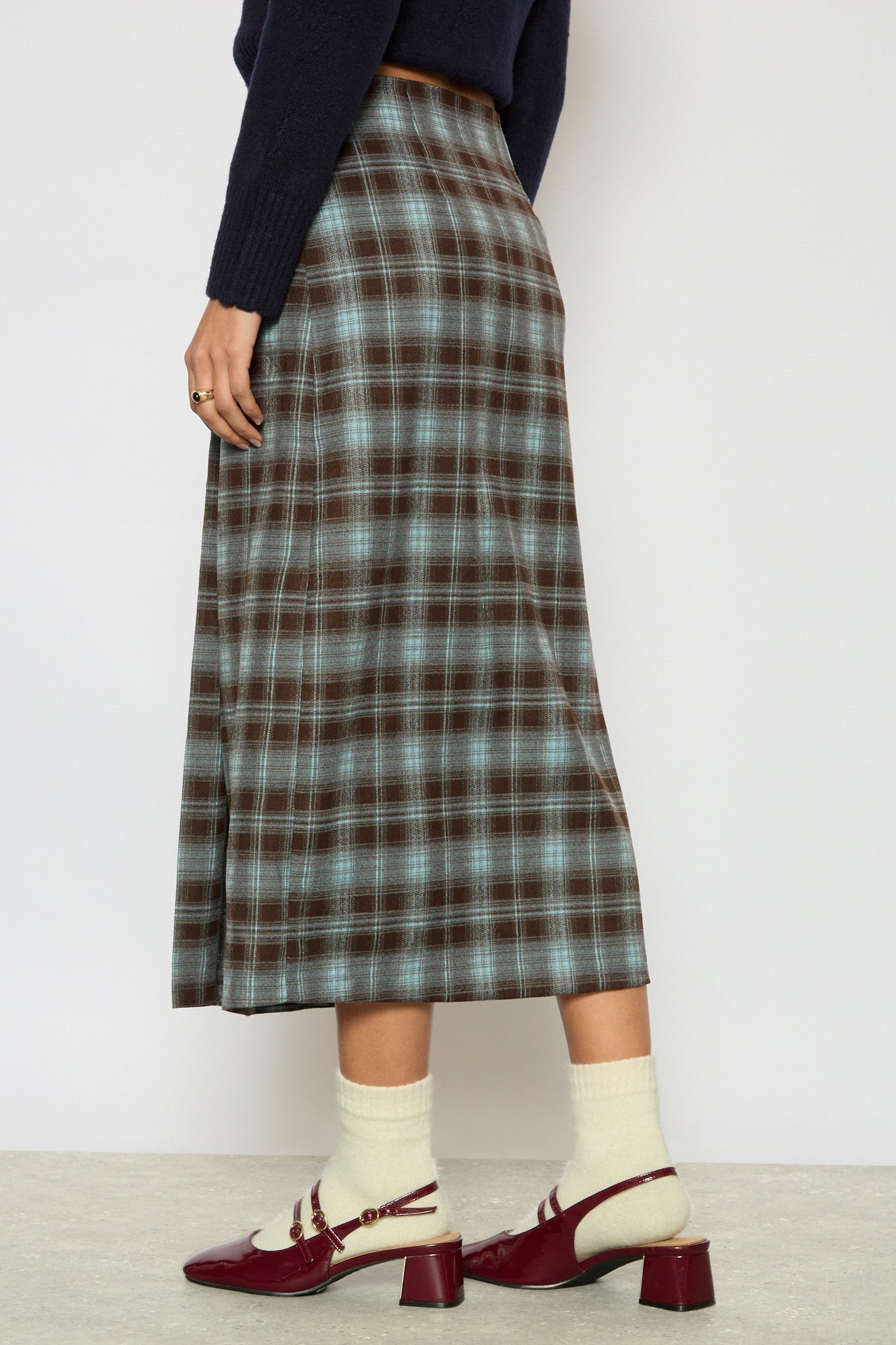 Brown and blue plaid wrap skirt_2
