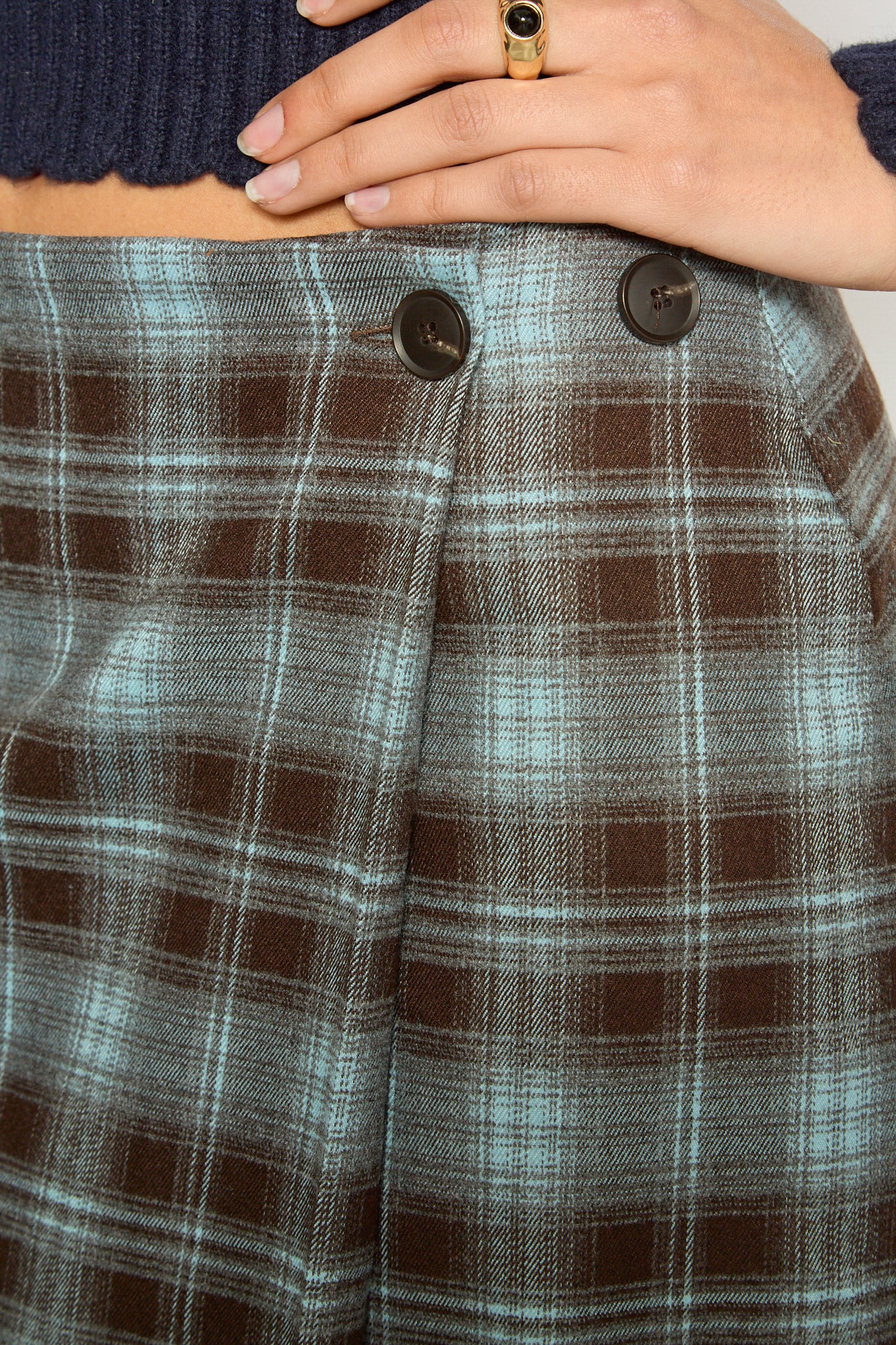Brown and blue plaid wrap skirt_3